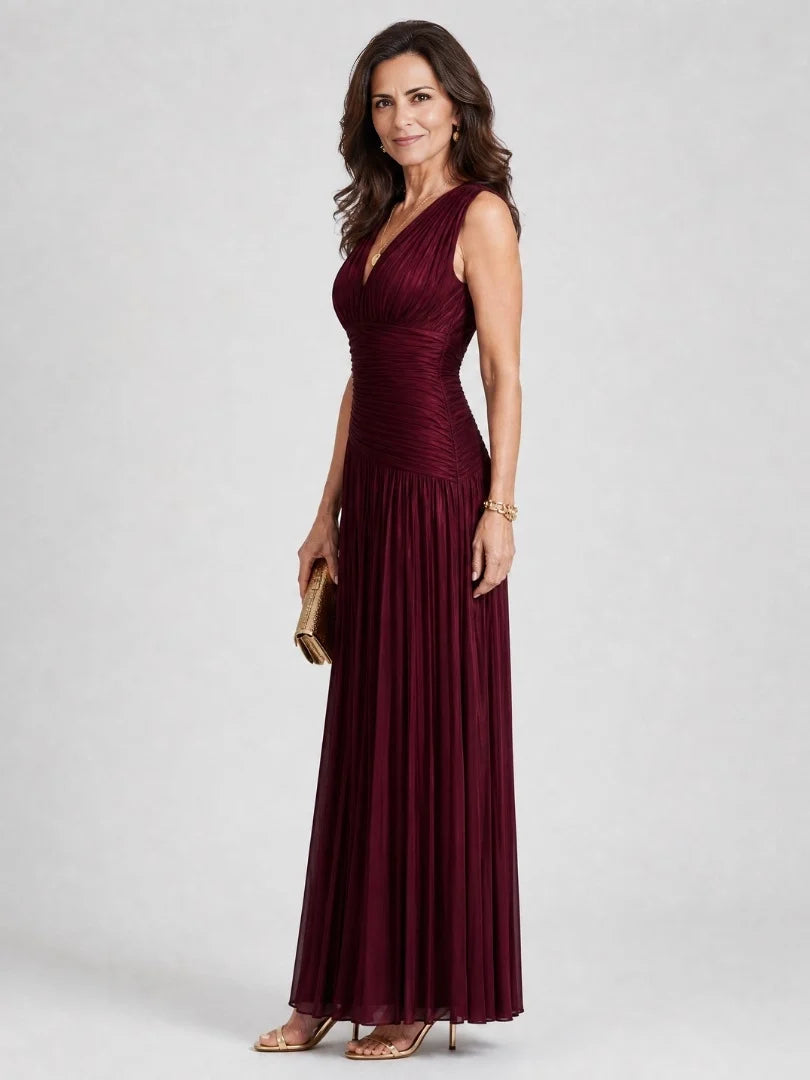 Burgundy V-neck sleeveless ruched bodice pleated maxi A-line dress