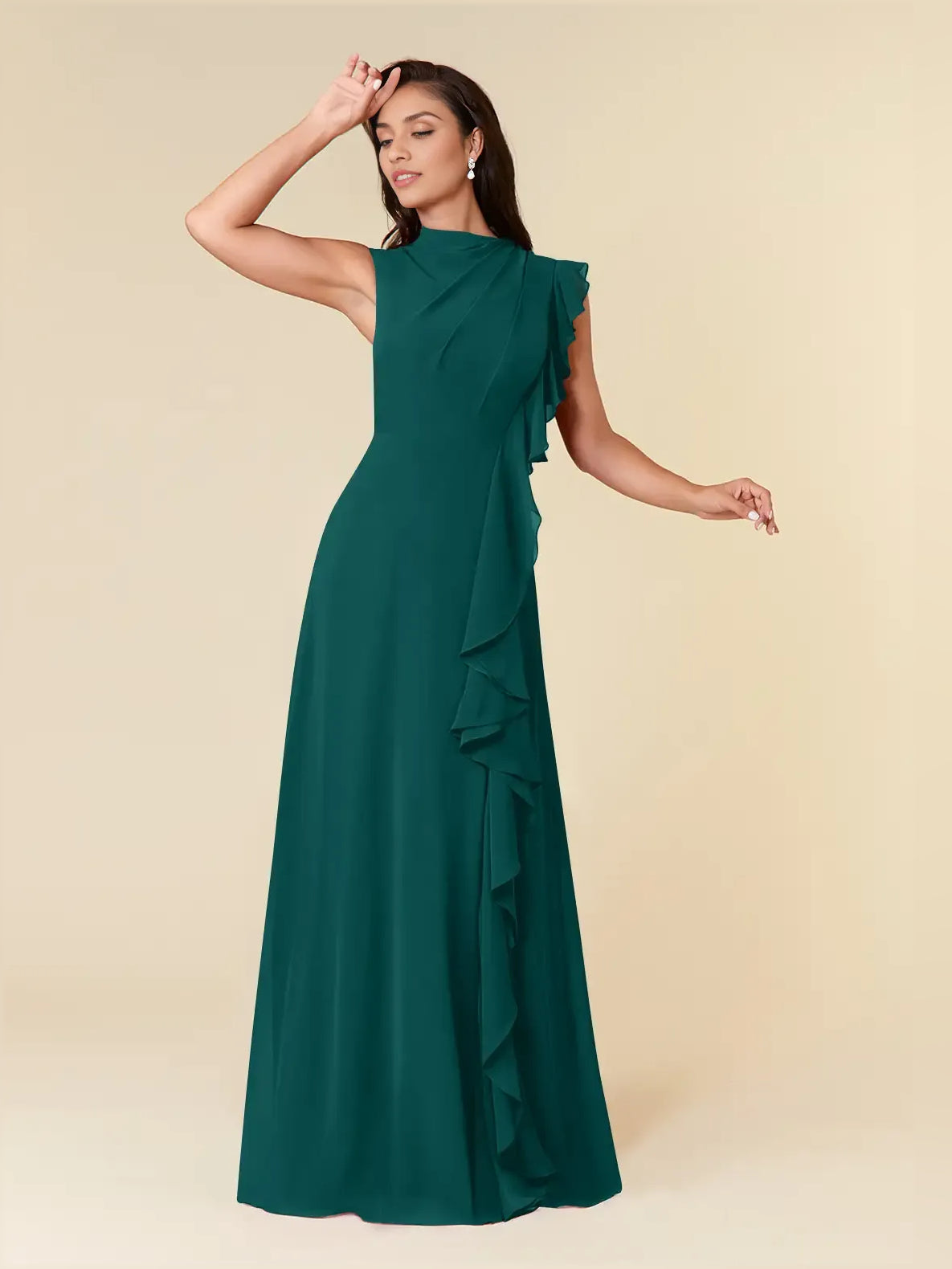 Teal high-neck A-line maxi chiffon bridesmaid dress with layered ruffle detail