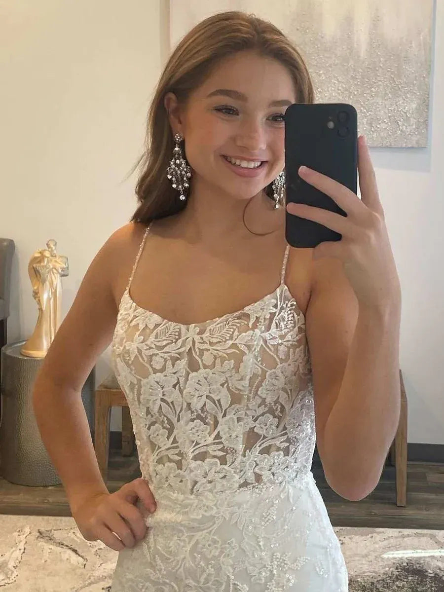 White floral lace mermaid maxi prom dress with square neckline and thin straps