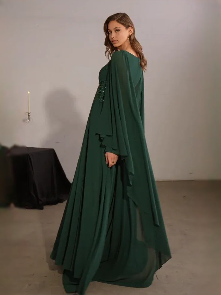 Dark green V-neck beaded A-line floor-length formal dress with cape sleeves