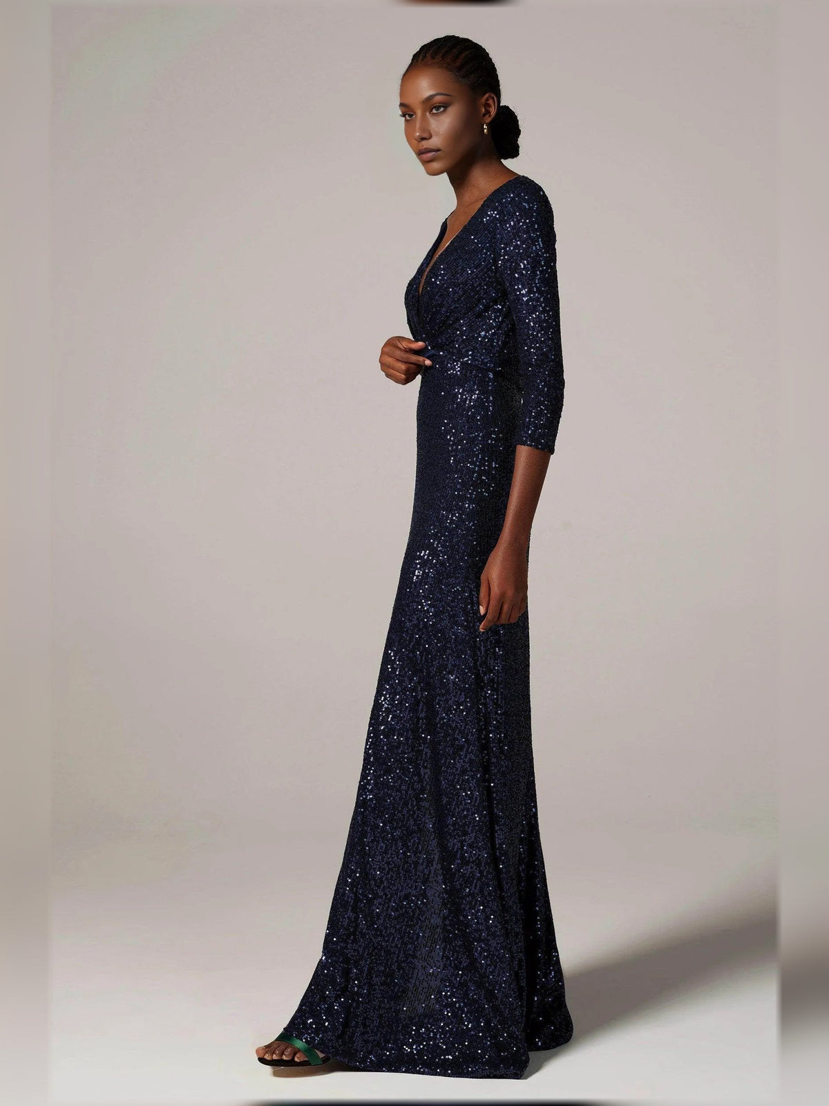 Dark navy sequin V-neck formal dress with long sleeves and side slit