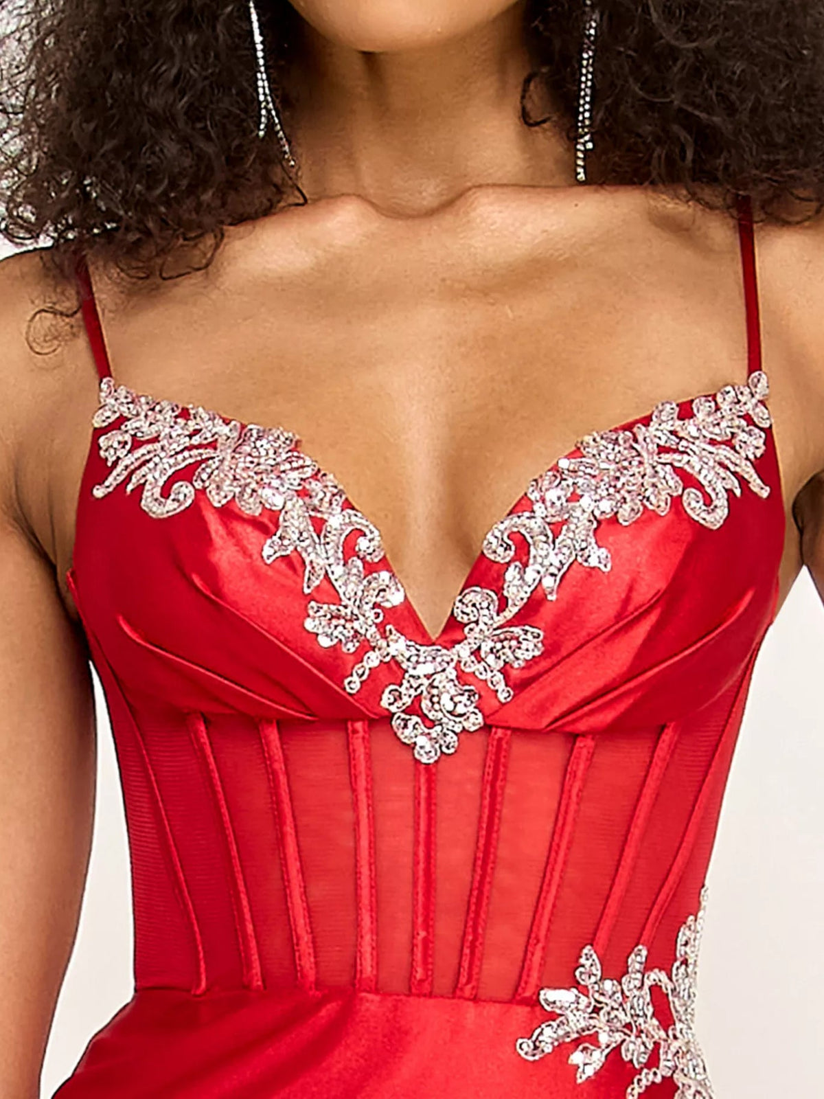 Red corset dress bodice with silver beaded V-neck and vertical ruching