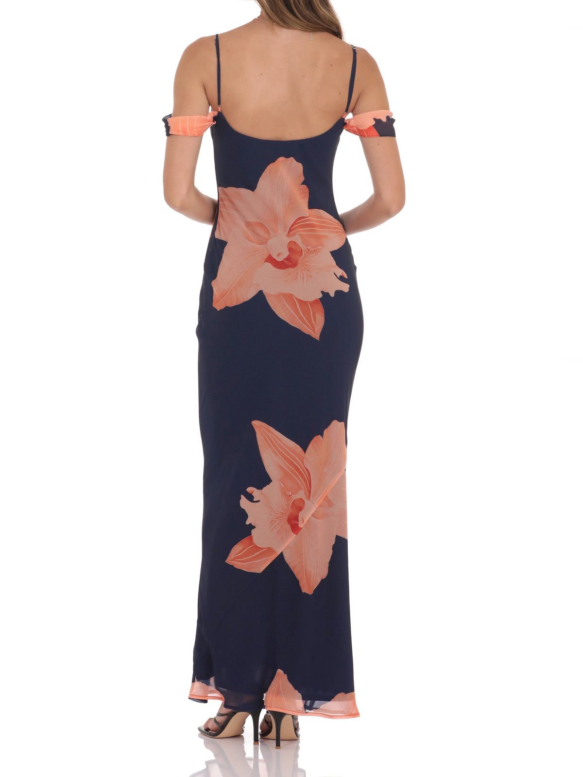 Navy bridesmaid dress with structured woven fabric construction and maxi hem