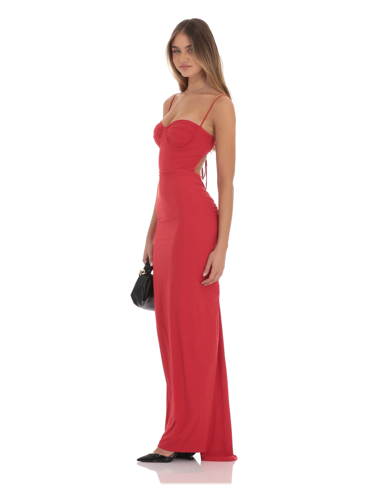 Red bridesmaid dress with structured woven fabric construction and maxi hem