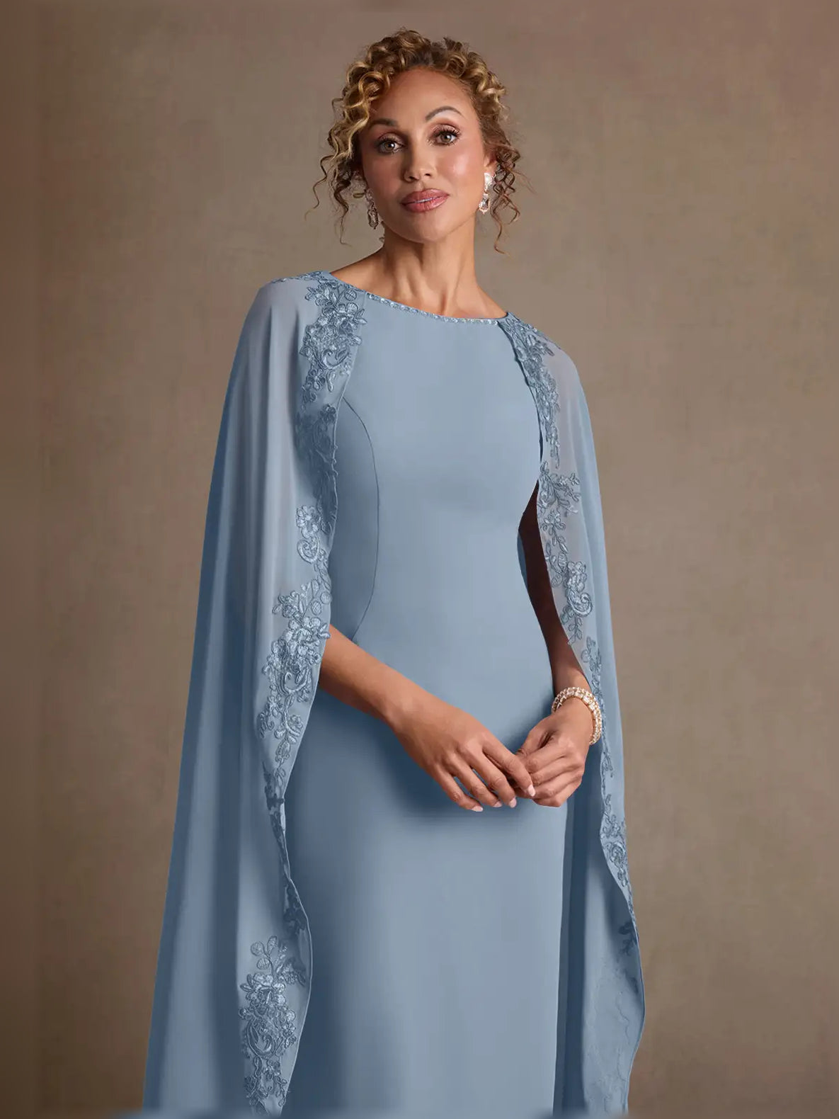 Dusty blue boat neck sheath maxi dress with sheer lace cape overlay