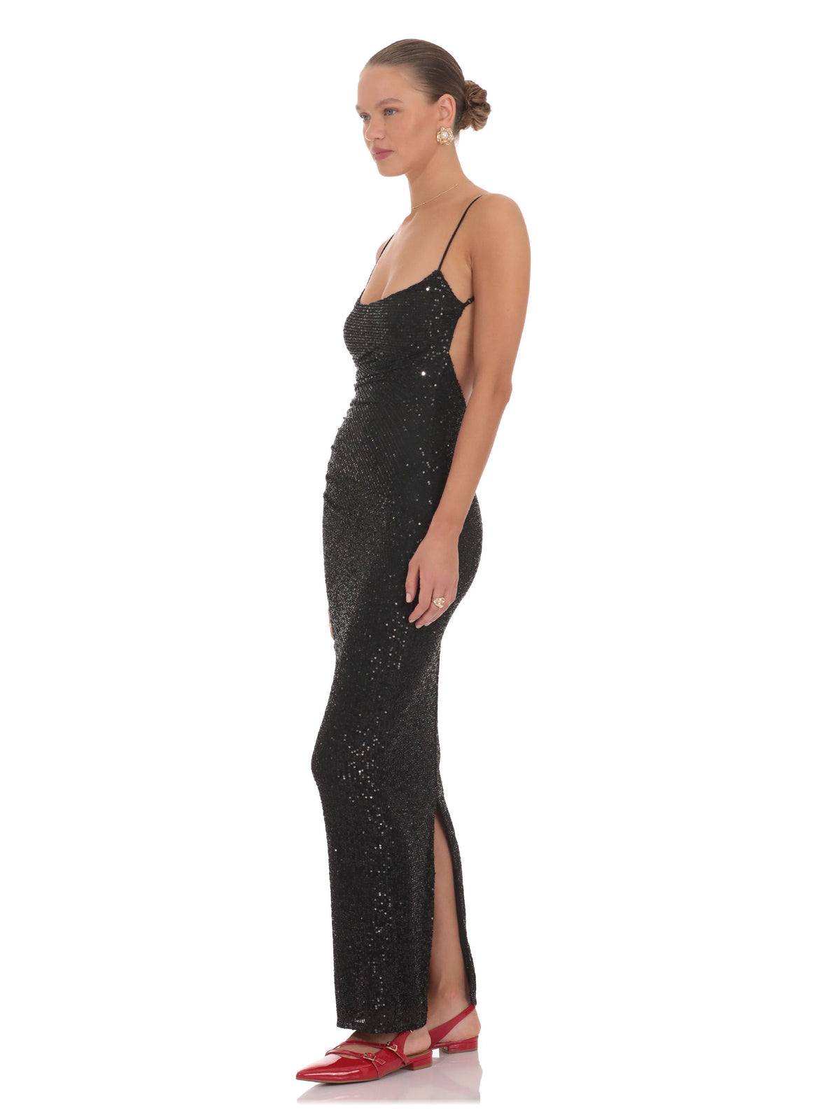 Black bridesmaid dress with mesh construction and maxi hem