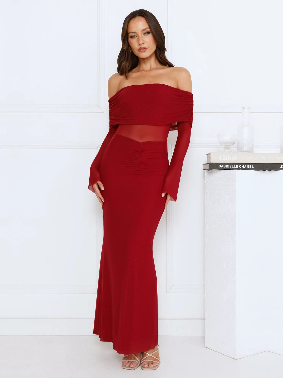 Burgundy sheath maxi formal dress with off-the-shoulder neckline, alternate view