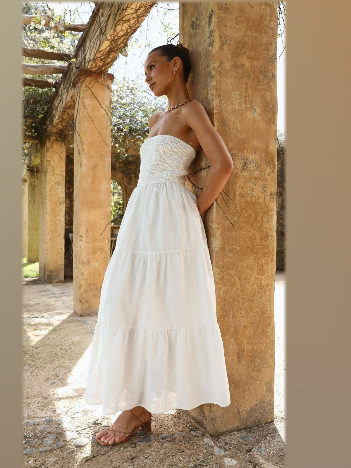White midi formal dress, alternate full-length view showing the waistline