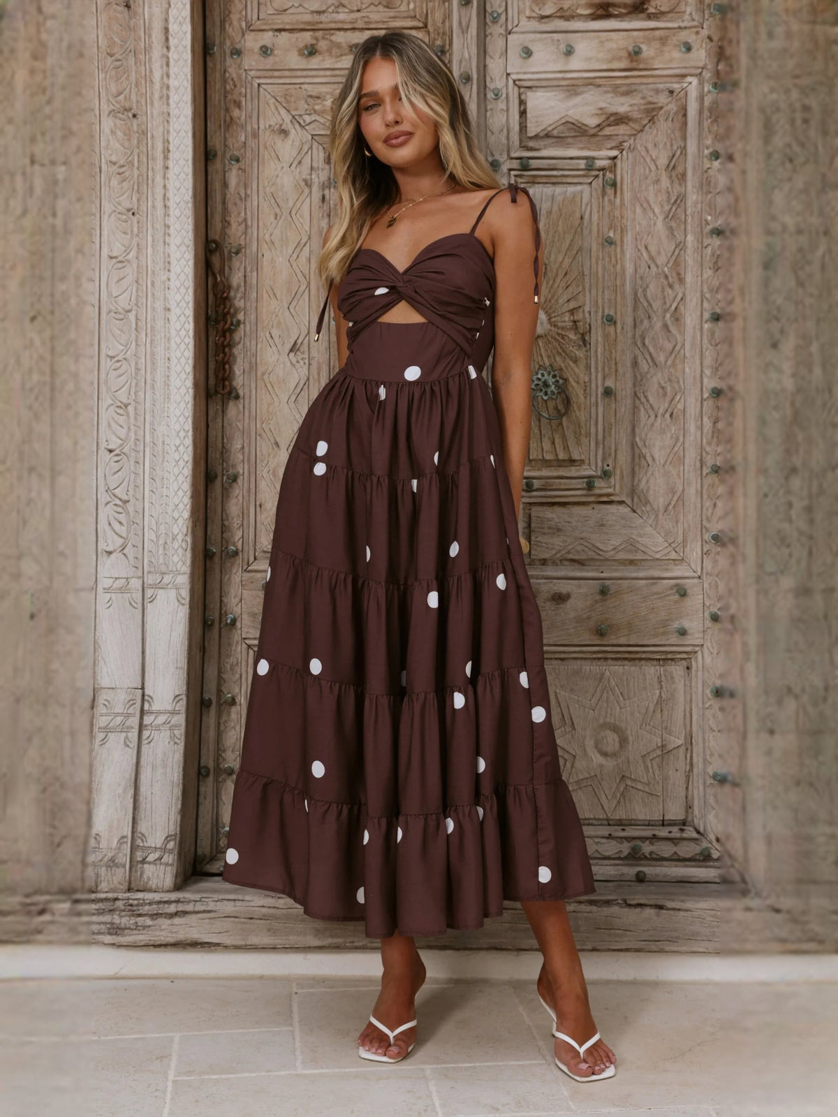 Chocolate midi formal dress with printed pattern, alternate view showing the bodice