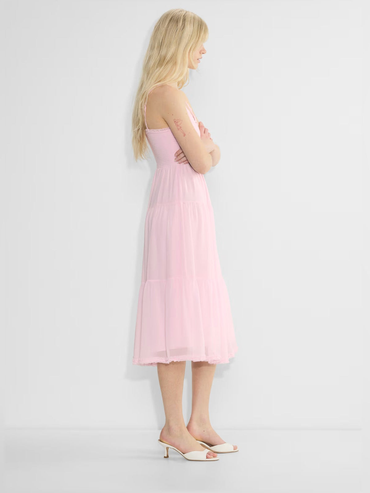 Pink chiffon sleeveless V-neck midi dress with tiered layers
