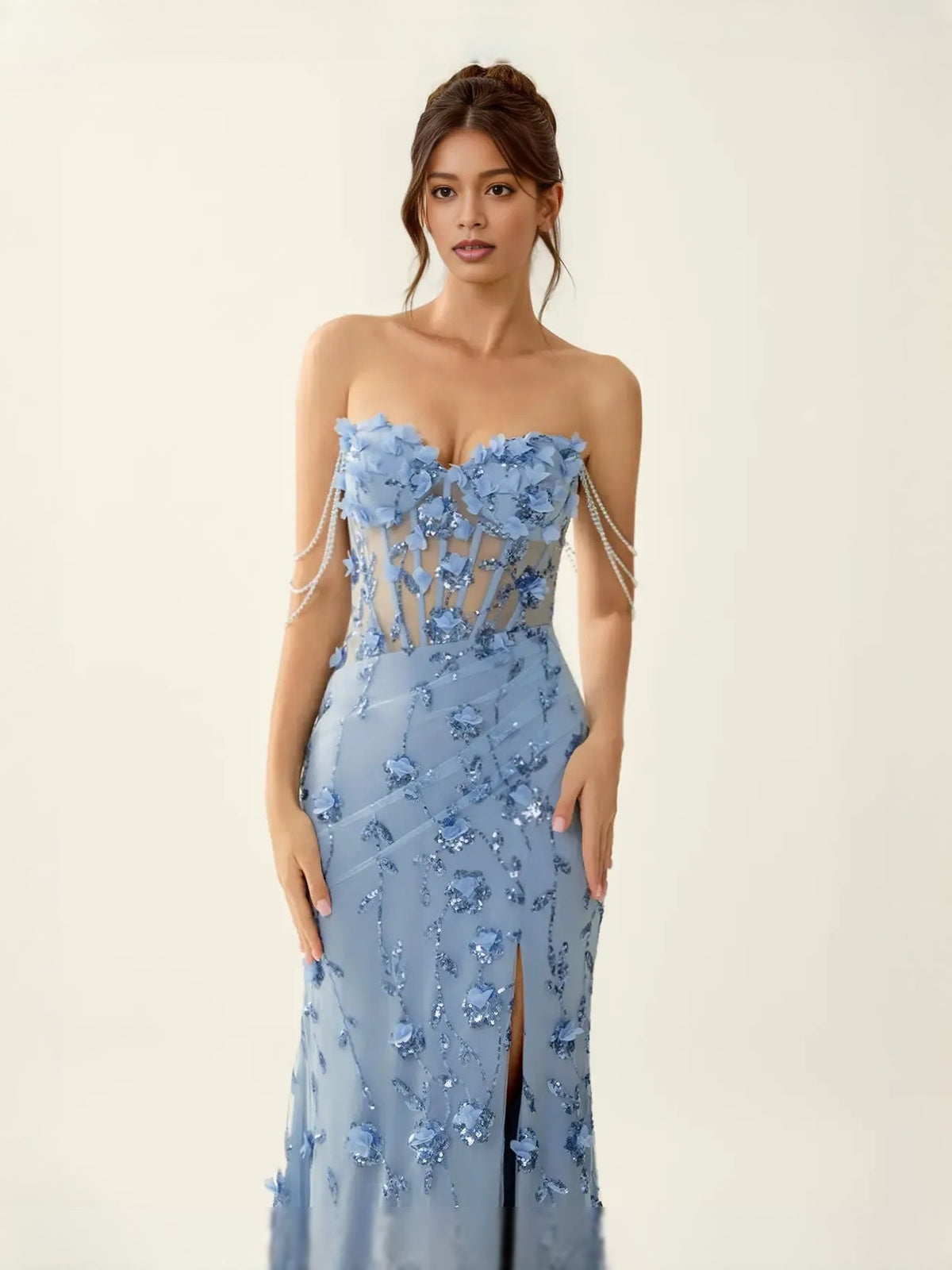 Light blue corset mermaid maxi prom dress with floral appliques and front slit