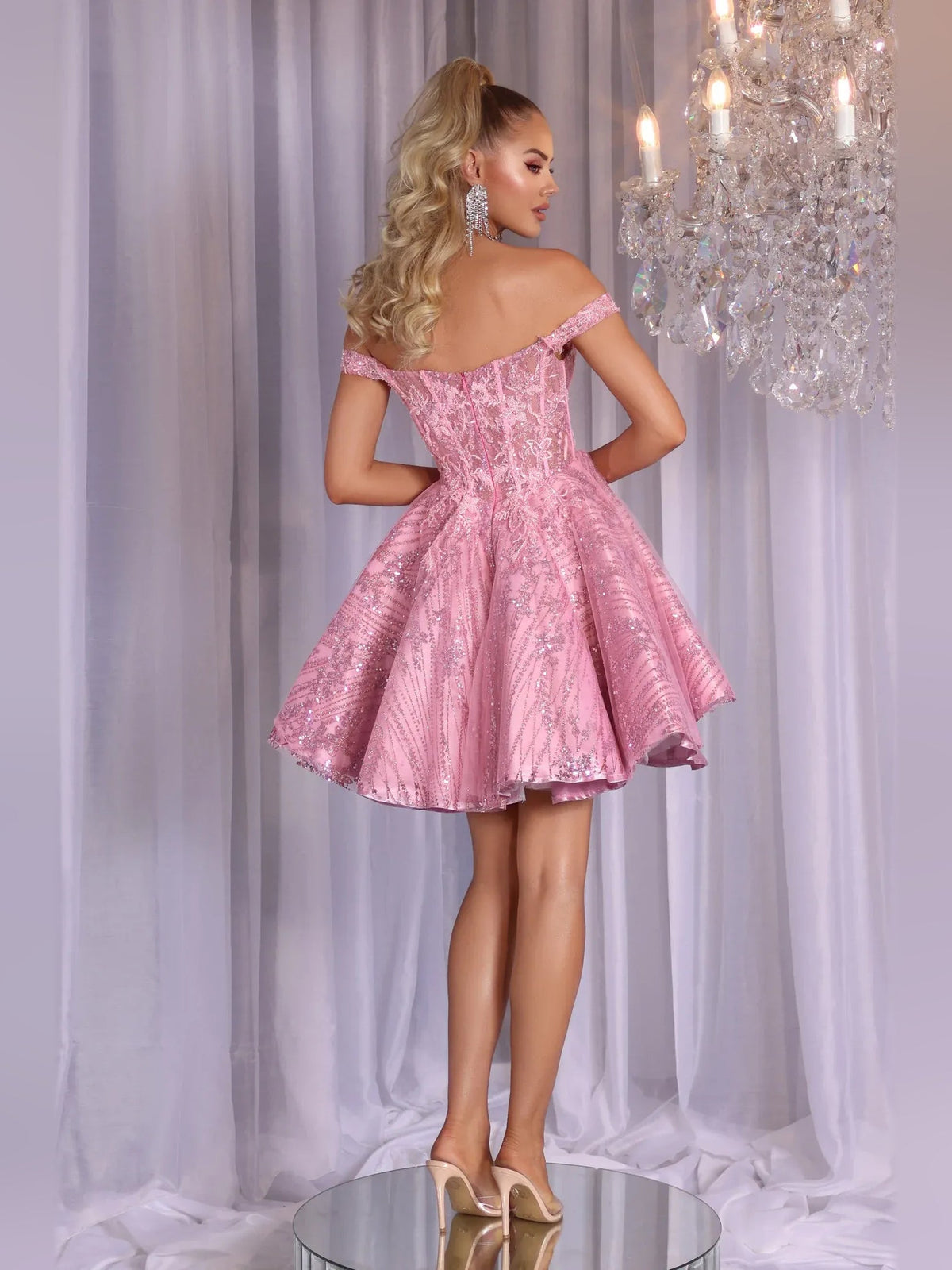Pink glitter off-shoulder corset mini dress with sweetheart neckline and A-line skirt