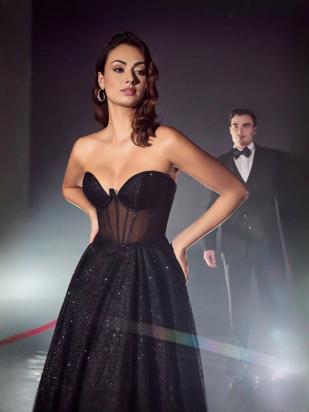 Black sequin sweetheart strapless corset prom dress with A-line floor-length skirt