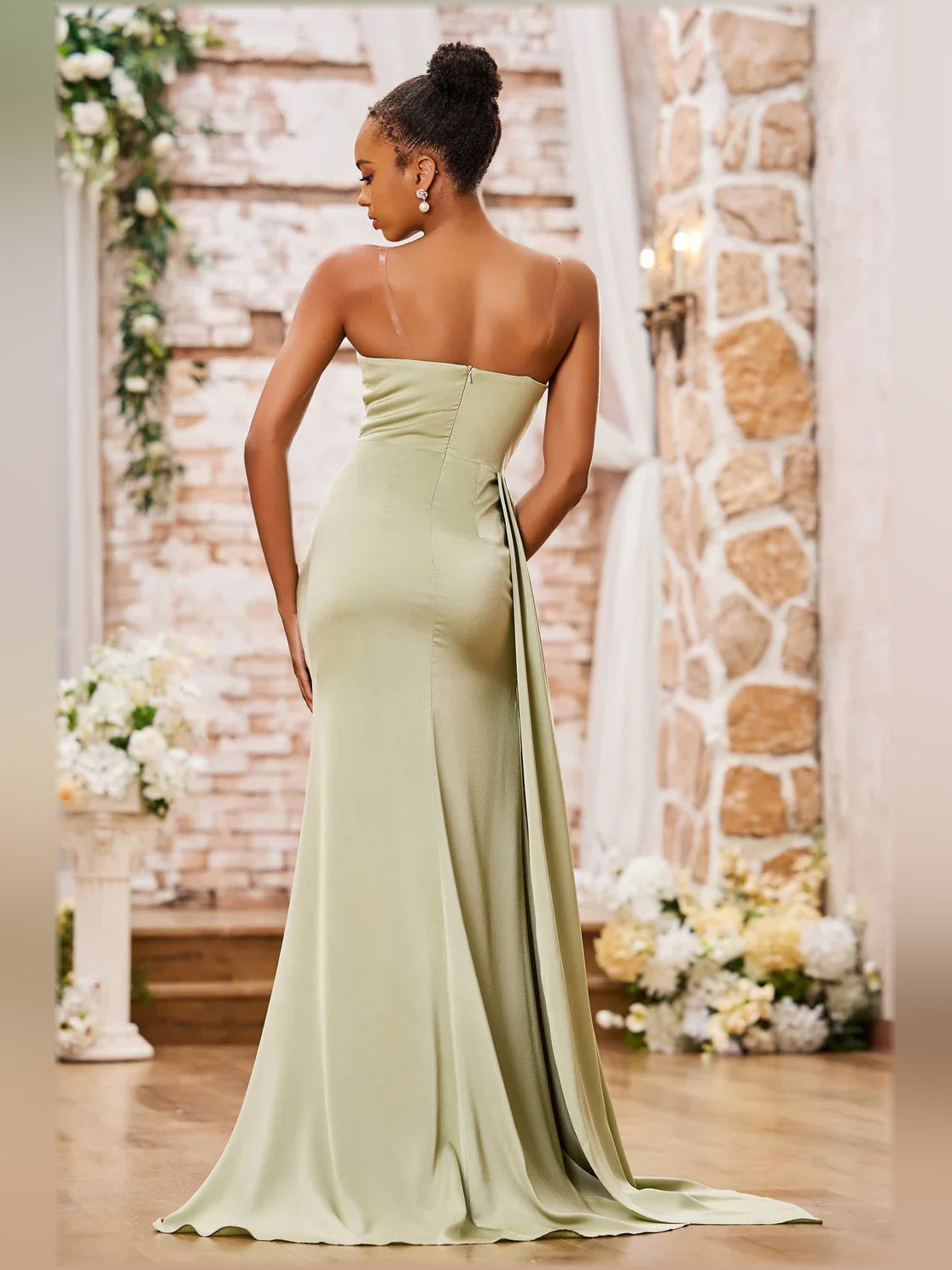 Sage green cowl-neck floor-length dress with spaghetti straps and side slit