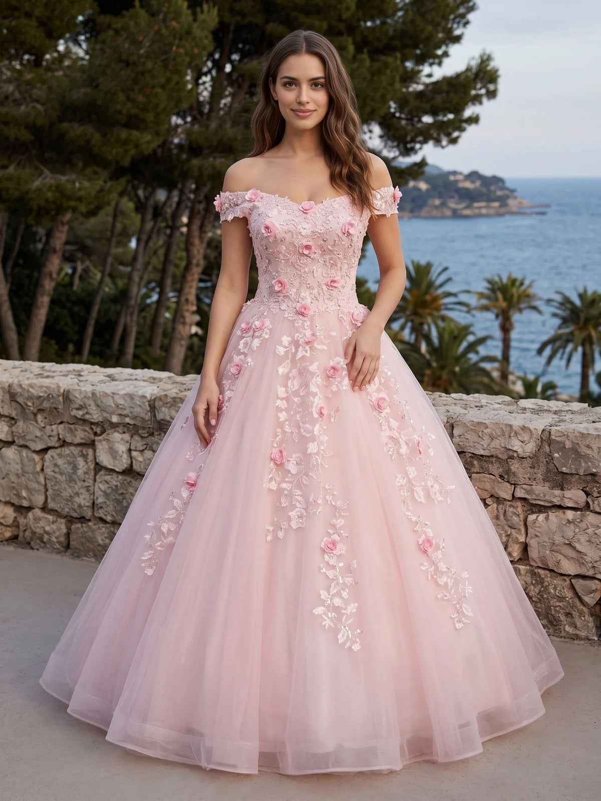 Blush pink corset bodice prom dress with off-shoulder floral embroidery and A-line tulle skirt