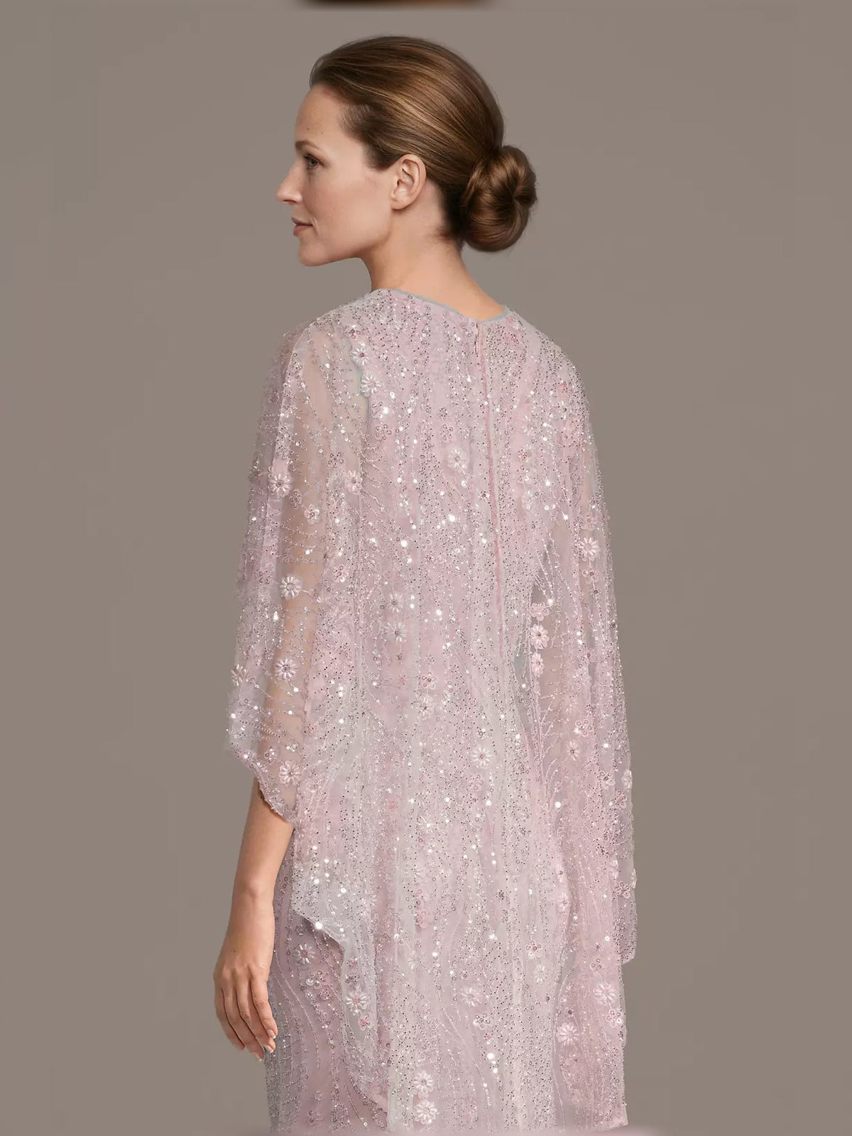 Pink beaded sheath dress with draped sheer sleeves and embroidered floral sparkle