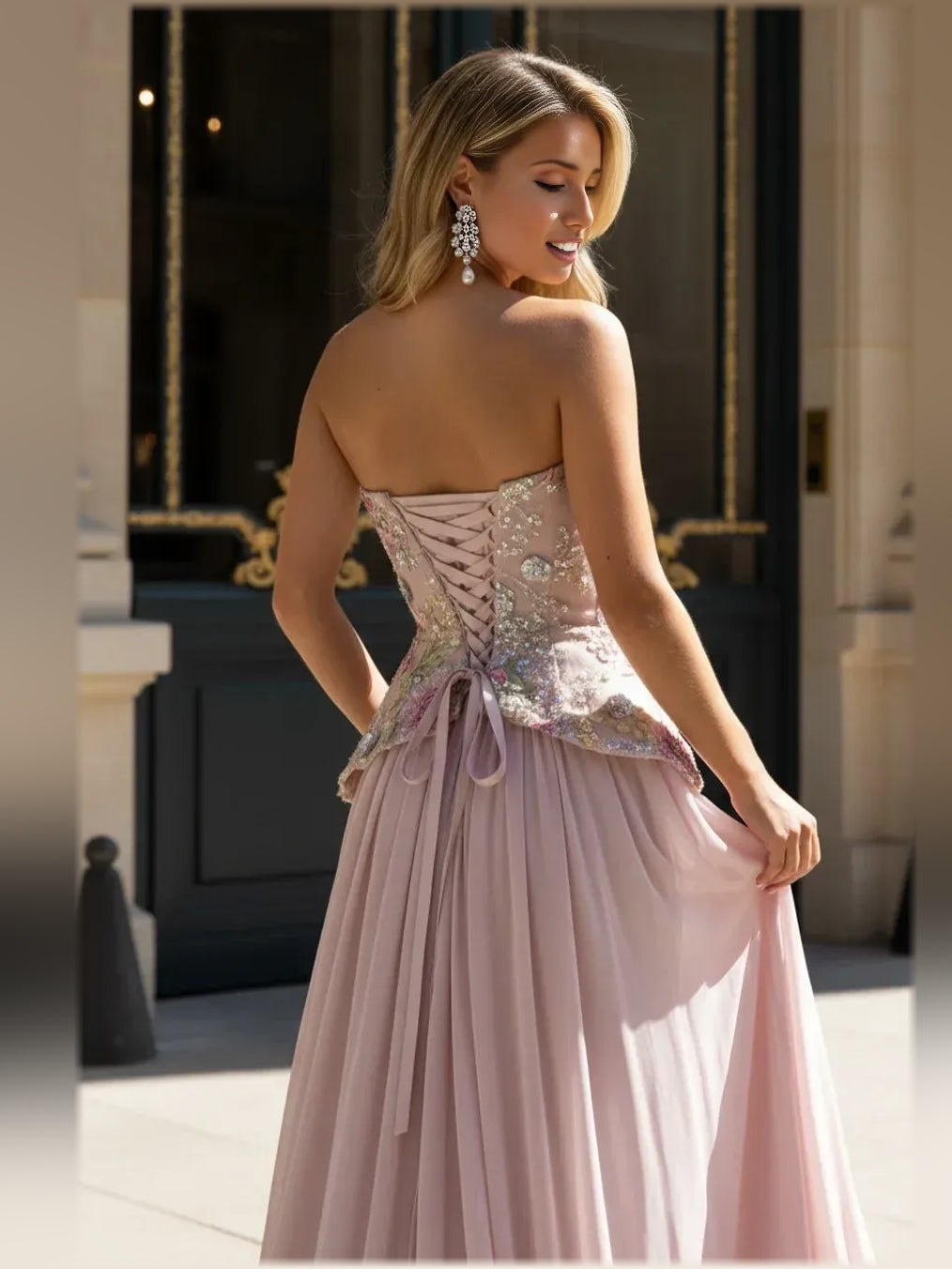 Dusty pink formal dress with floral beaded corset back and pleated full skirt