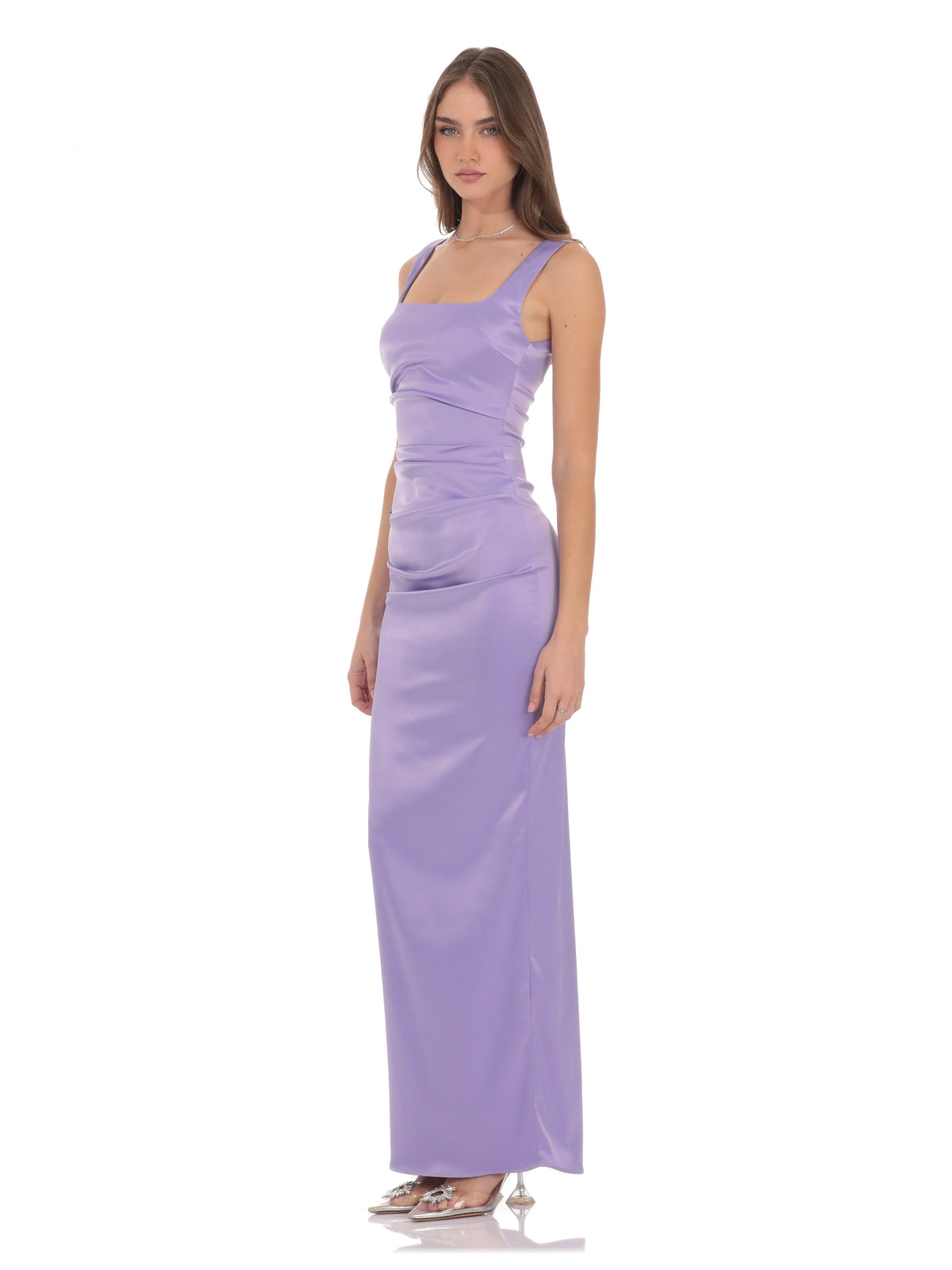 Lilac bridesmaid dress with satin construction and maxi hem