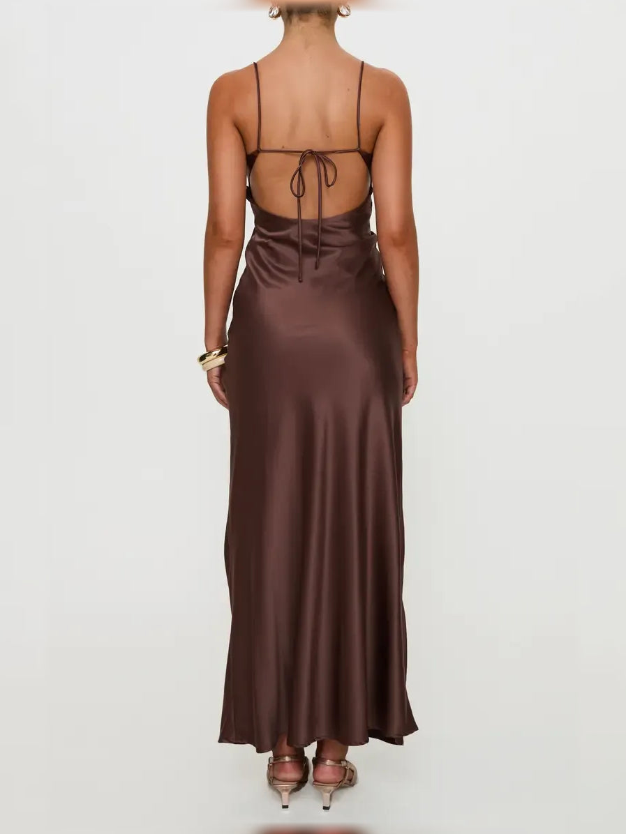 Chocolate satin open-back spaghetti strap formal dress with tied back, rear view