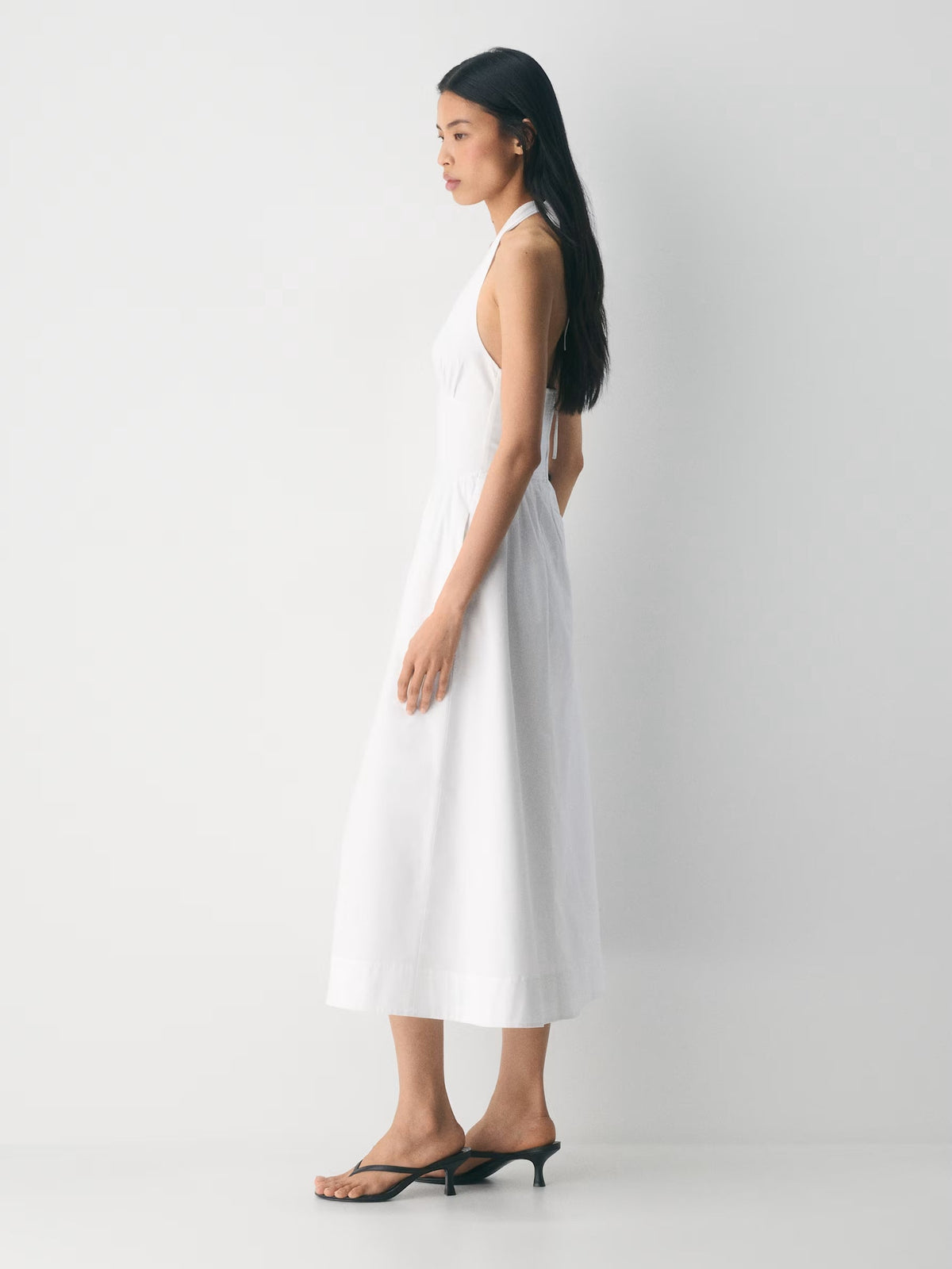 white midi formal dress, alternate full-length view showing the waistline