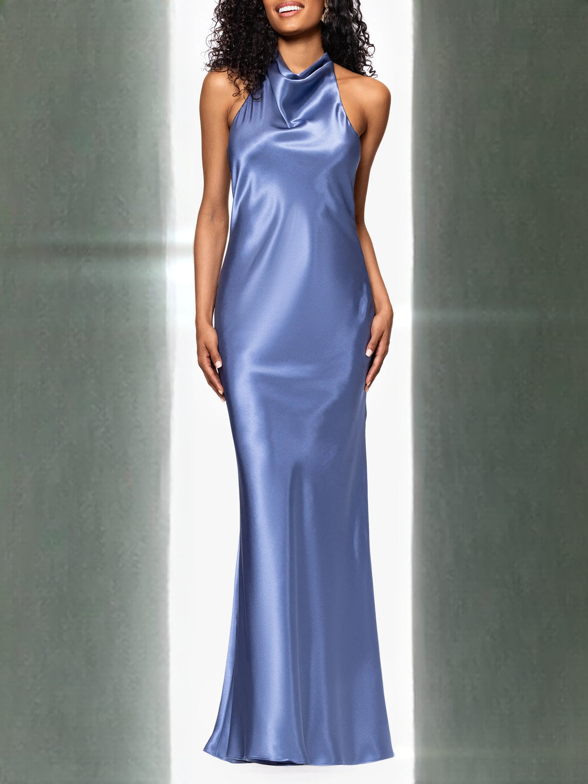 Blue satin halter mermaid formal dress, sleeveless with high neckline