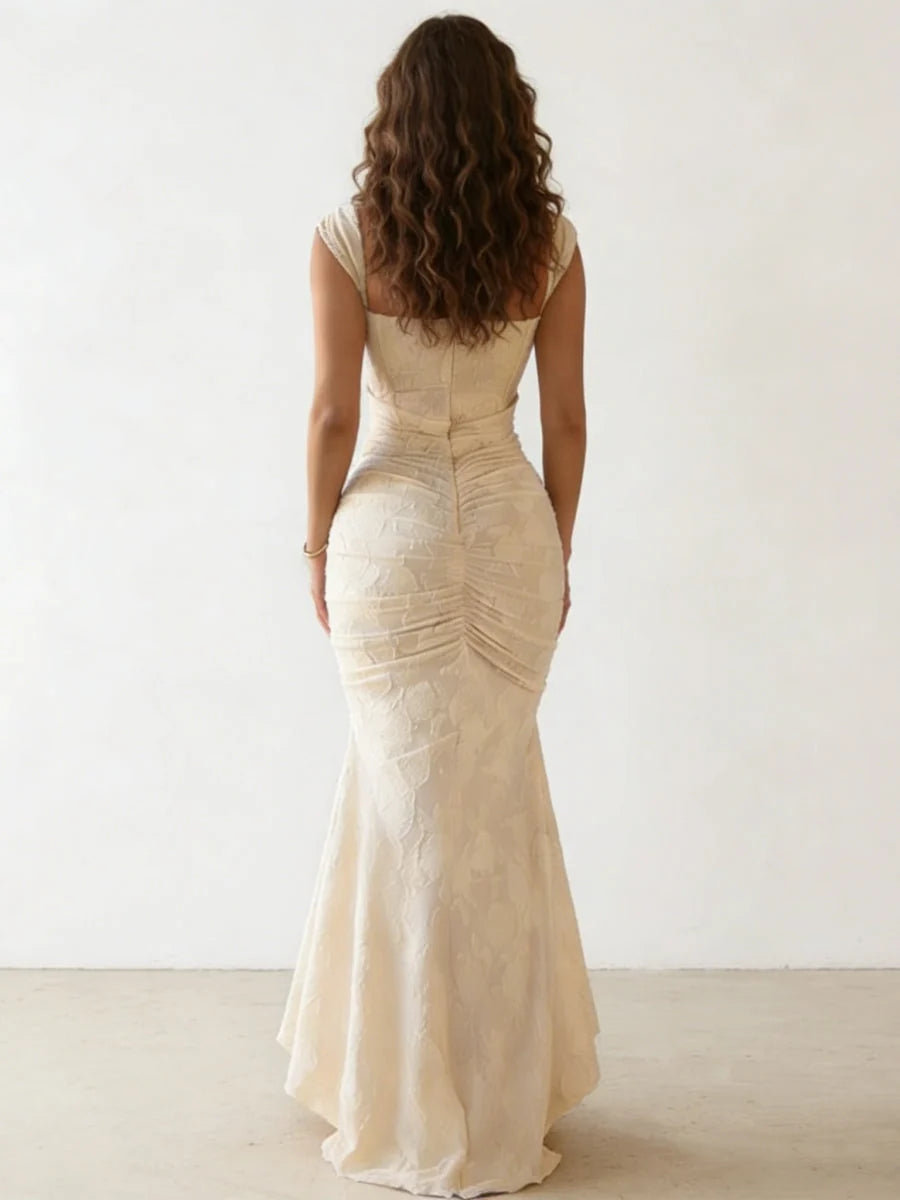 White one-shoulder ruched midi formal dress, scoop back, fitted mermaid silhouette