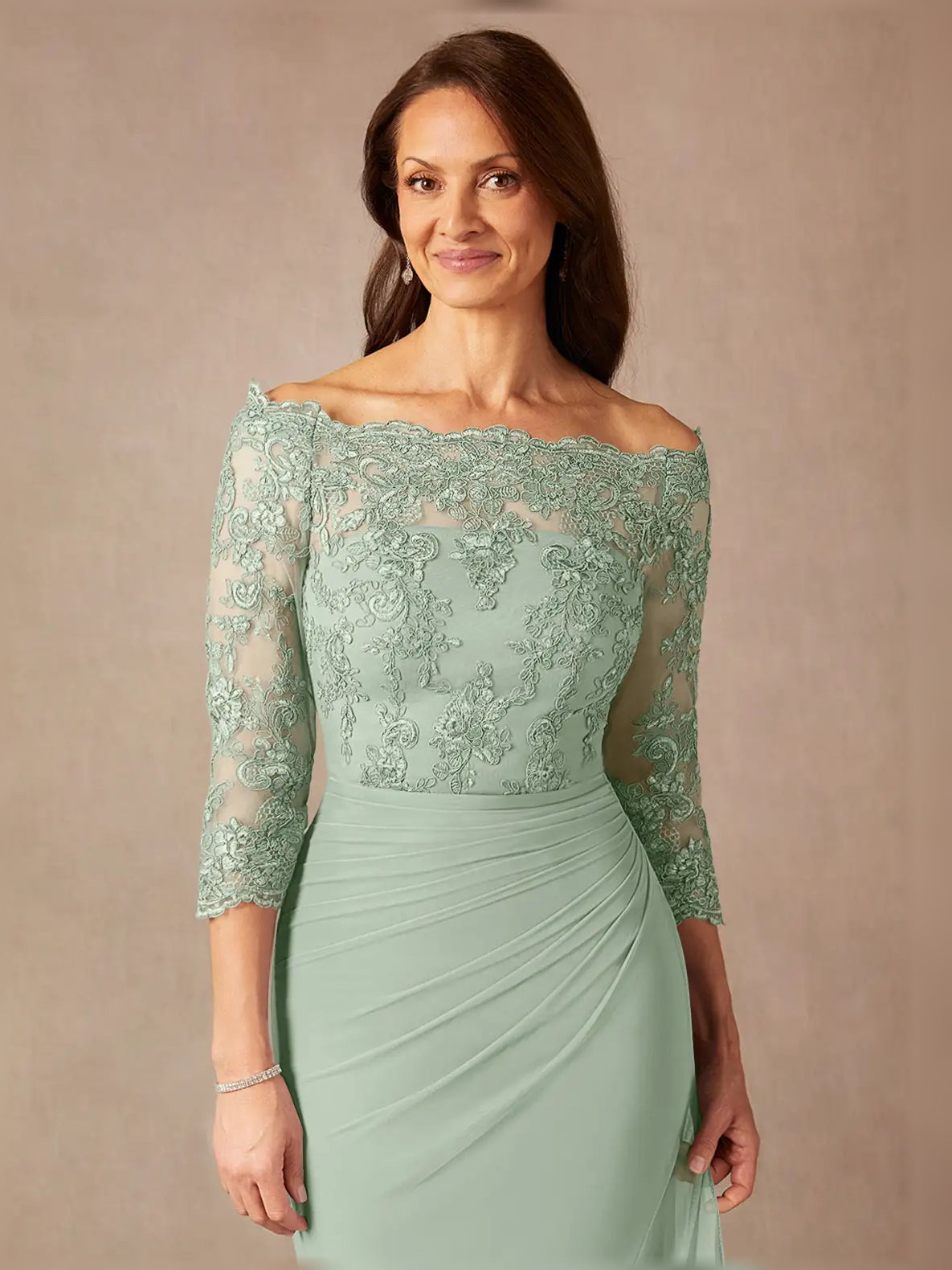 Dusty sage off-shoulder ruched maxi dress with lace overlay bodice and draped waist