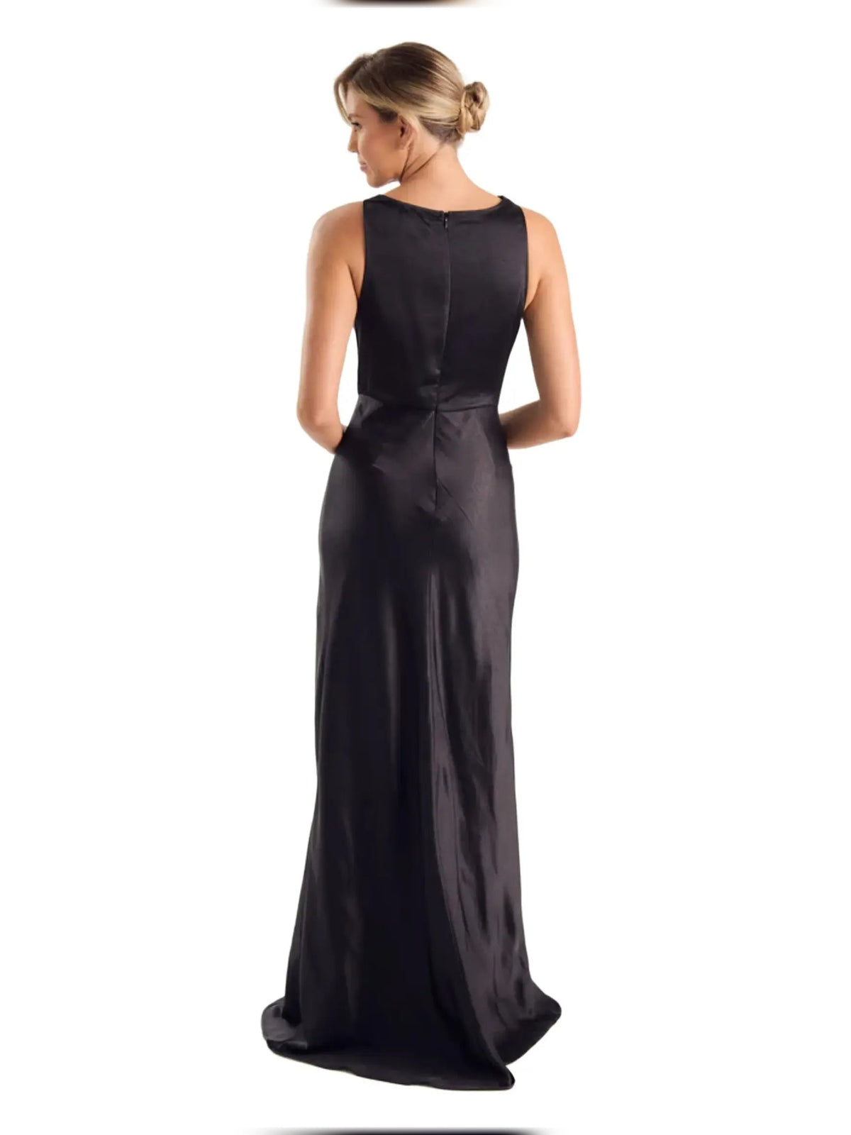 Black satin sheath dress, sleeveless back view, floor-length formal gown