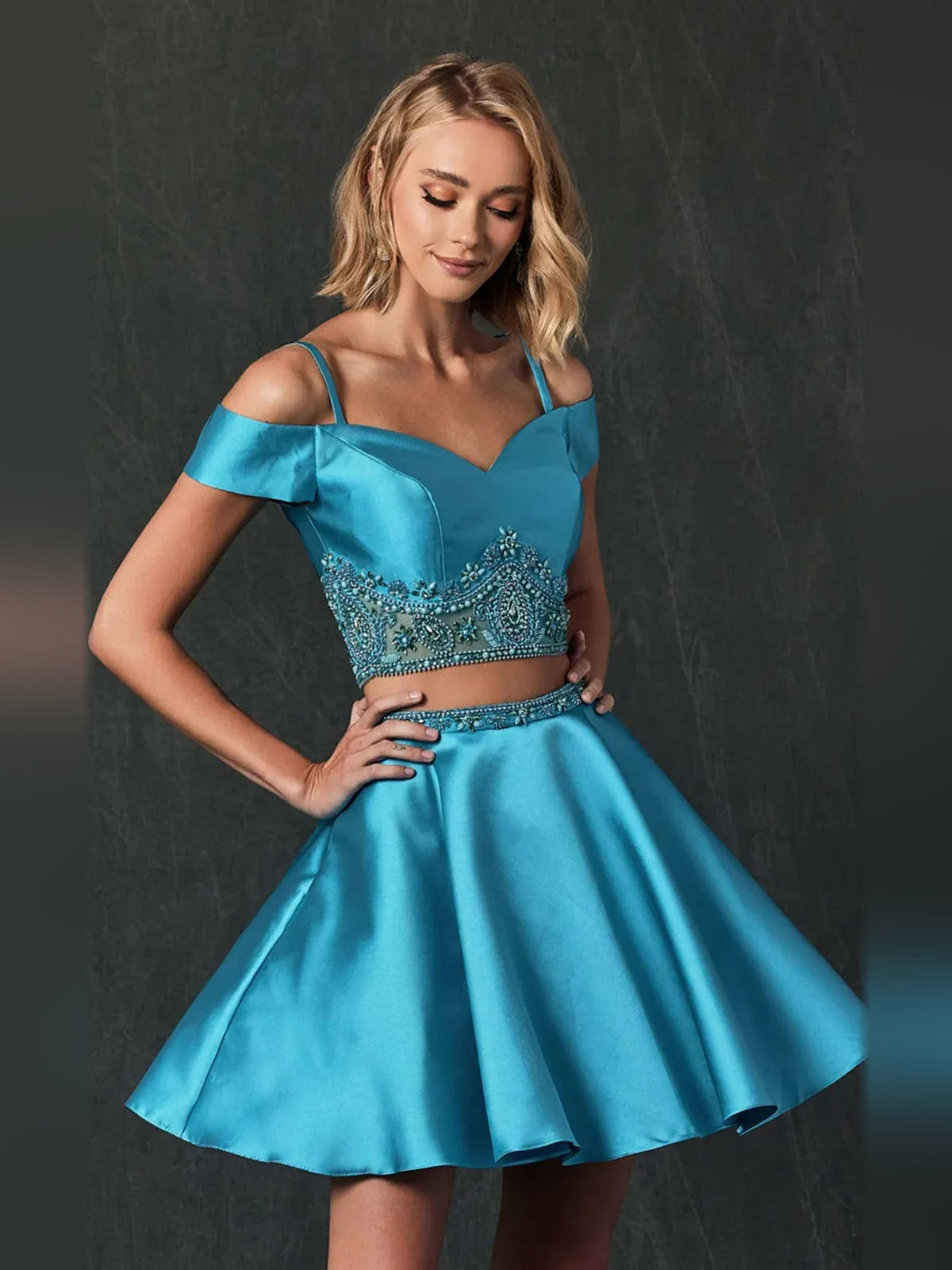 Jade off-shoulder satin homecoming dress with sweetheart neckline and beaded waistband