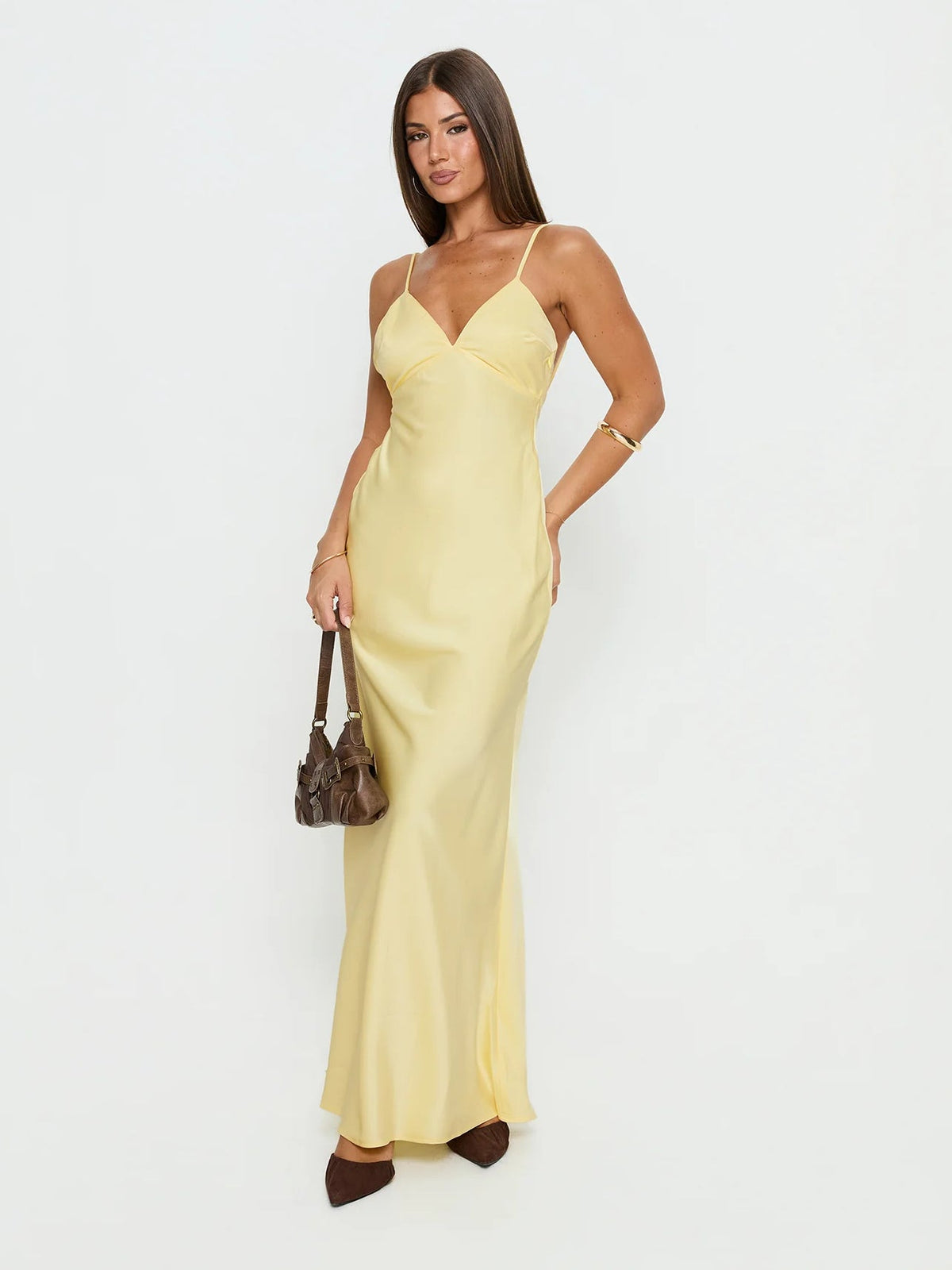 Butter formal dress with mesh construction and maxi hem