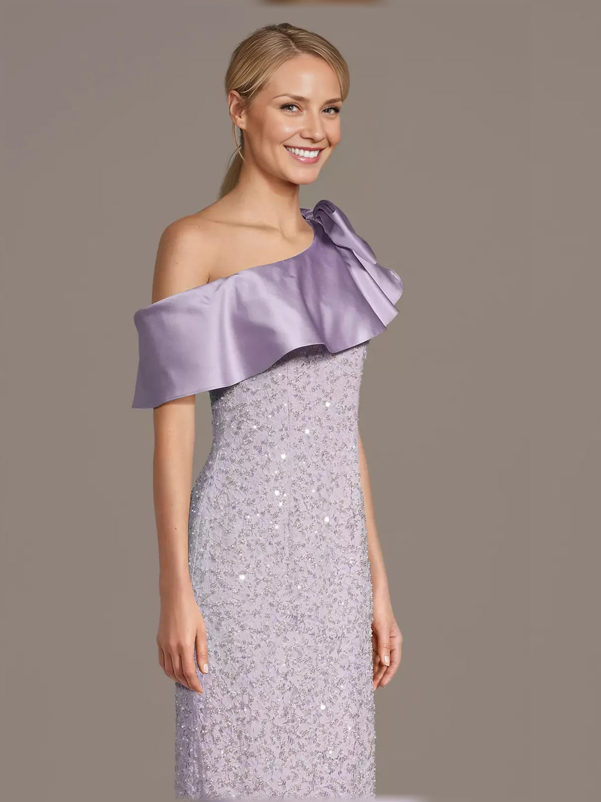 Lilac one-shoulder ruffle sheath dress with shimmering beaded sparkle, sleeveless