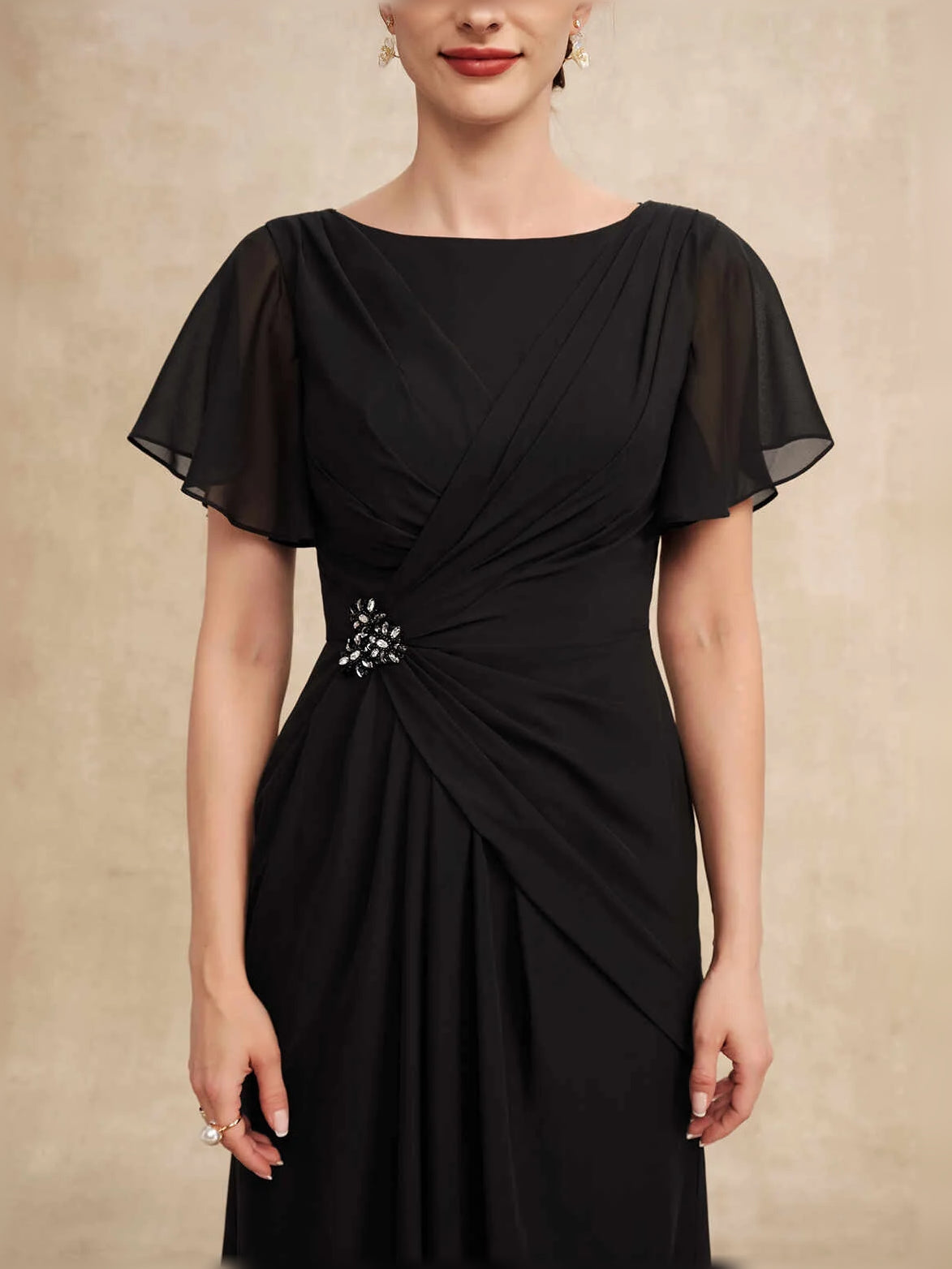 Black chiffon draped waist maxi dress with embellished ruched bodice and flutter sleeves