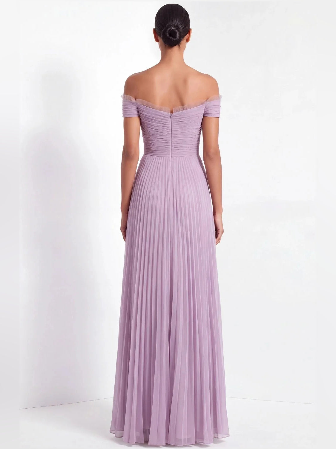 Lilac off-shoulder chiffon maxi dress, ruched back bodice with pleated skirt