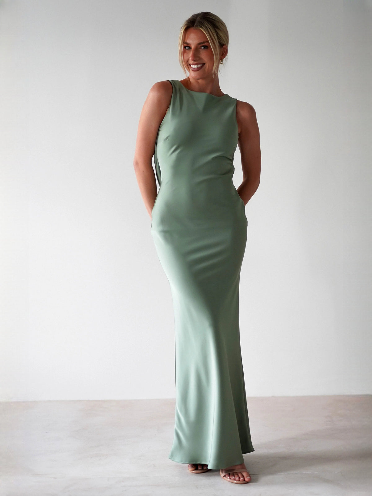 Olive sheath maxi formal dress with sheath, alternate full-length view
