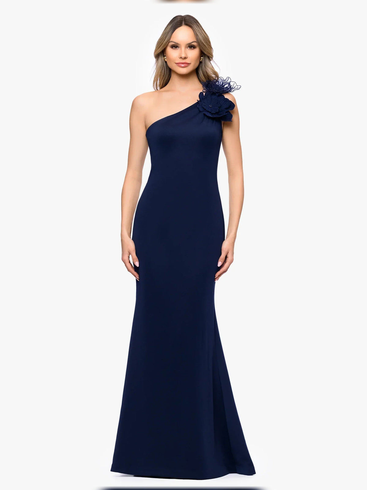 Dark navy one-shoulder A-line floor-length gown with large rosette shoulder flower
