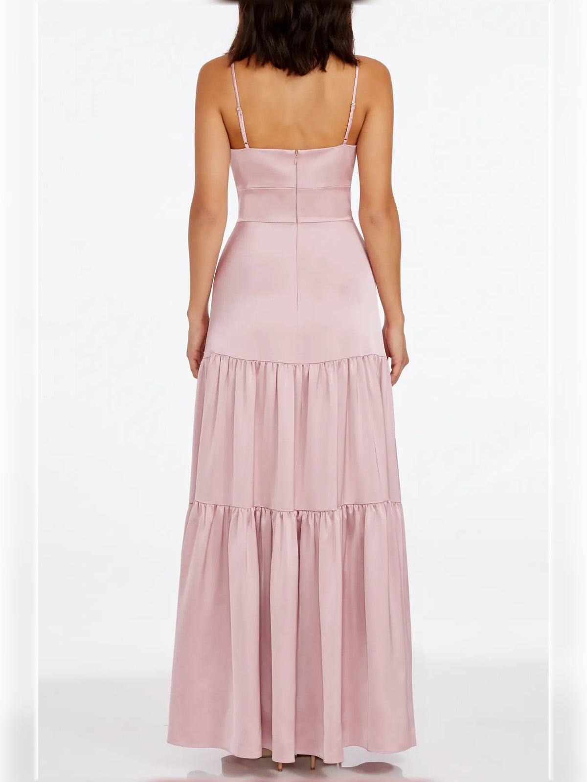 Rose pink spaghetti strap tiered floor-length dress, back view