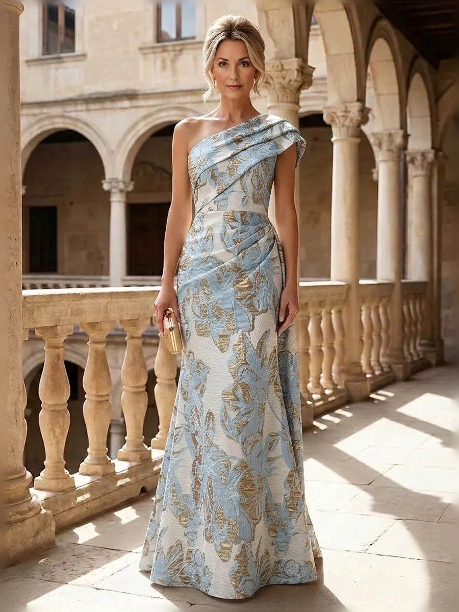 Sky blue floral one-shoulder mermaid gown with ruched drape, floor-length.