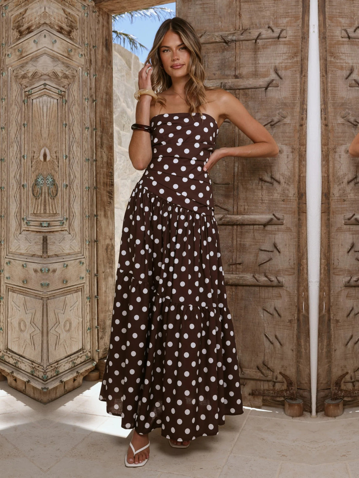 Brown White Polka Dot a-line maxi formal dress with printed pattern, alternate view
