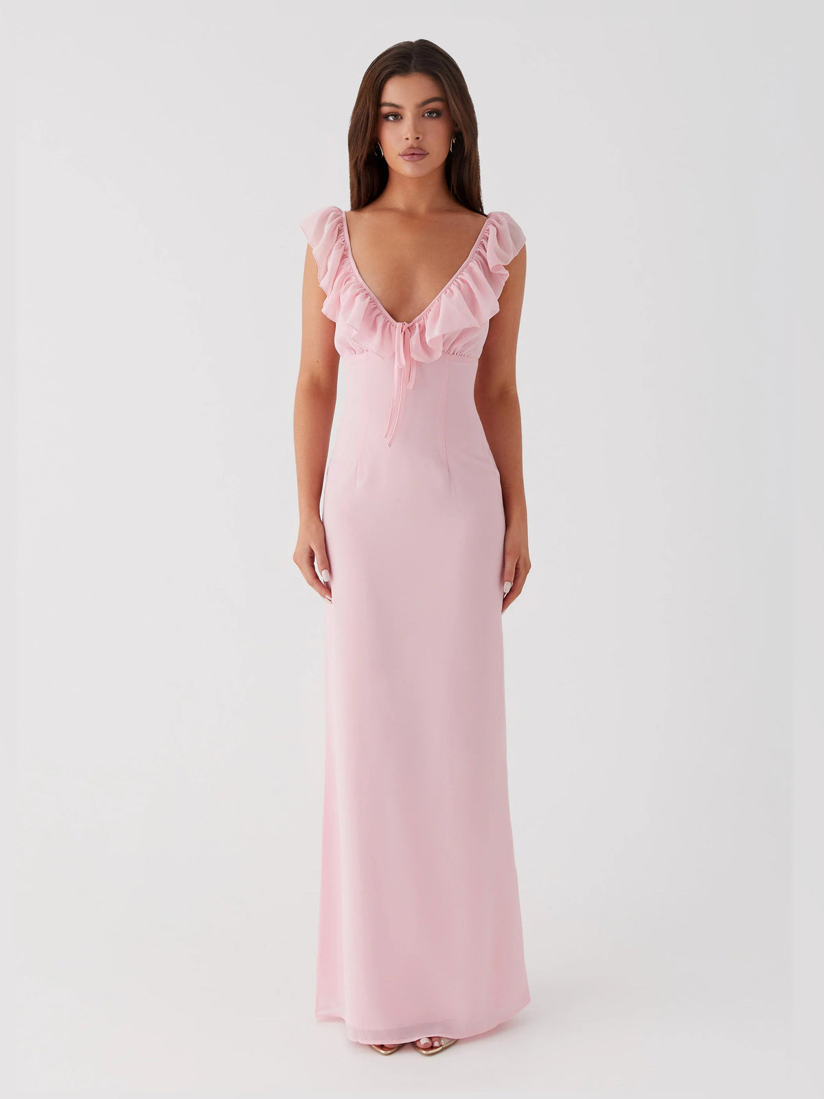 Pink maxi formal dress, alternate full-length view showing the waistline