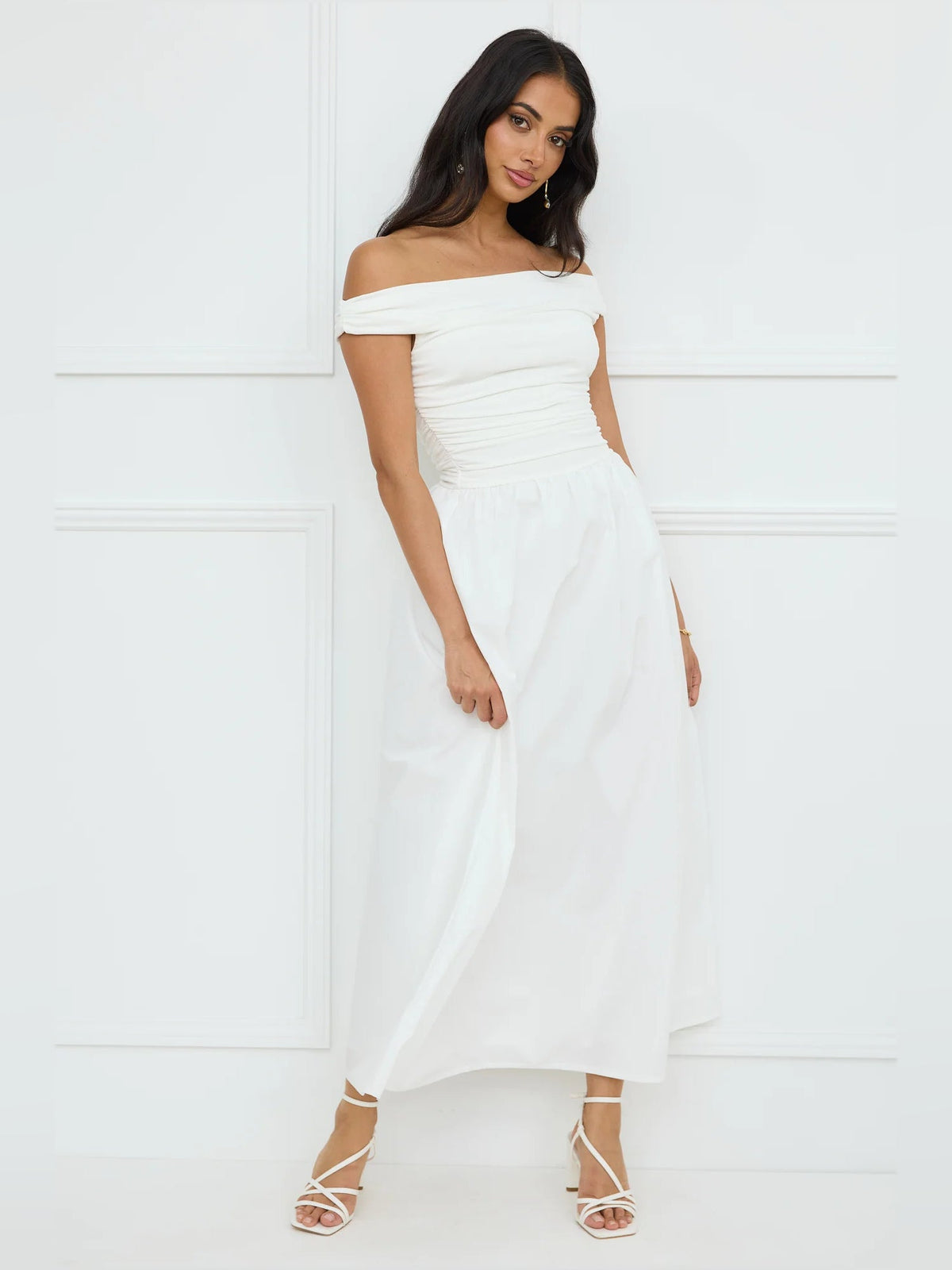 White a-line maxi formal dress with off-the-shoulder neckline, alternate view