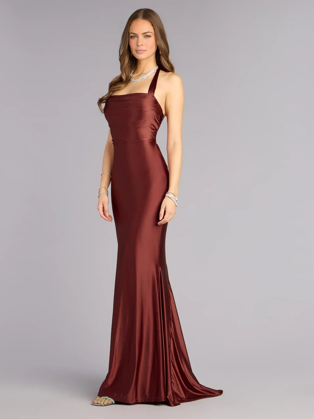Burgundy halter neck corset formal dress, floor-length fitted mermaid silhouette