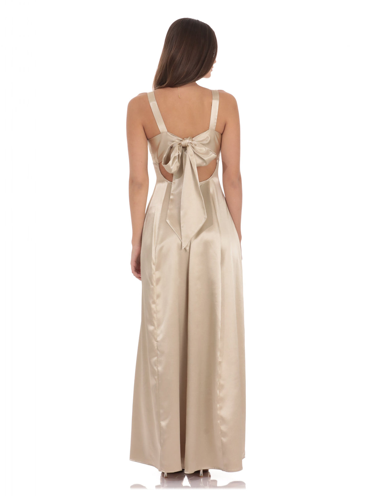 Gold satin backless maxi dress with crisscross straps and bow detail