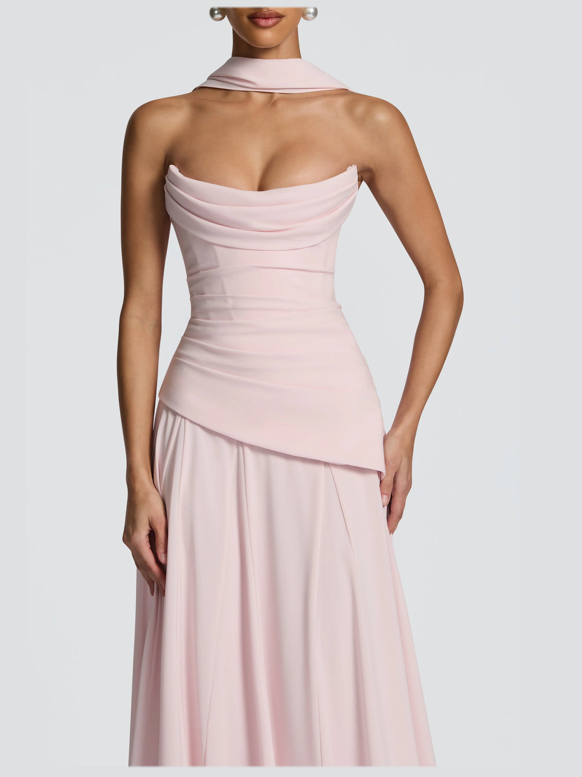 Blush maxi formal dress, alternate full-length view showing the waistline