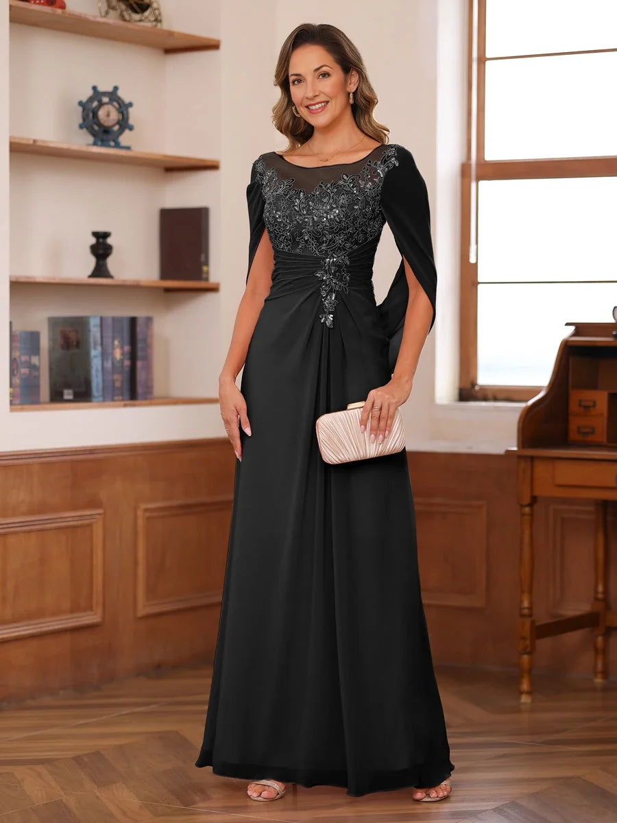 Black chiffon maxi dress with sweetheart neckline and floral beaded drape bodice