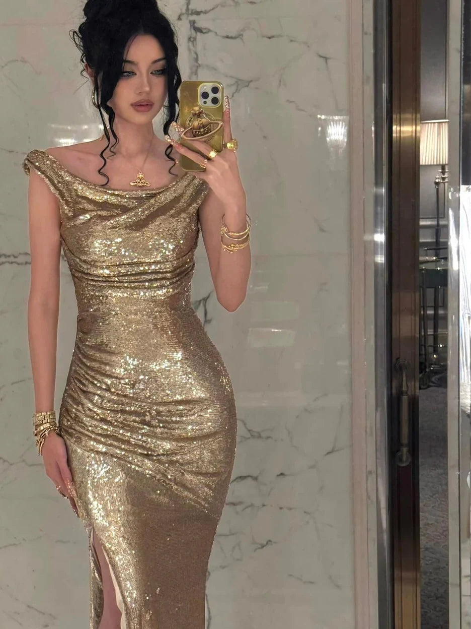 Gold sequin off-shoulder mermaid gown with draped neckline, floor length