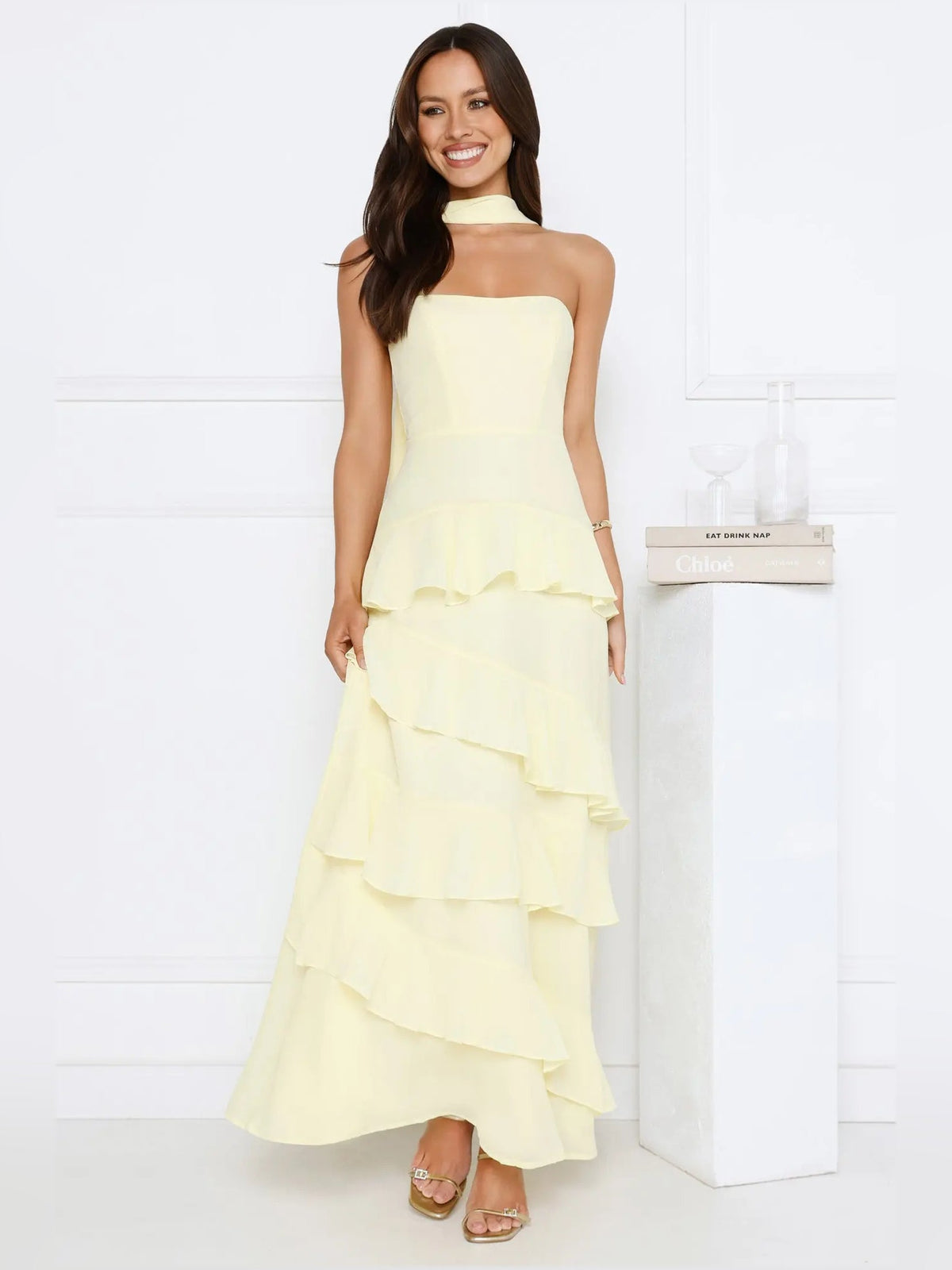 Yellow a-line maxi formal dress with tiered skirt, alternate view