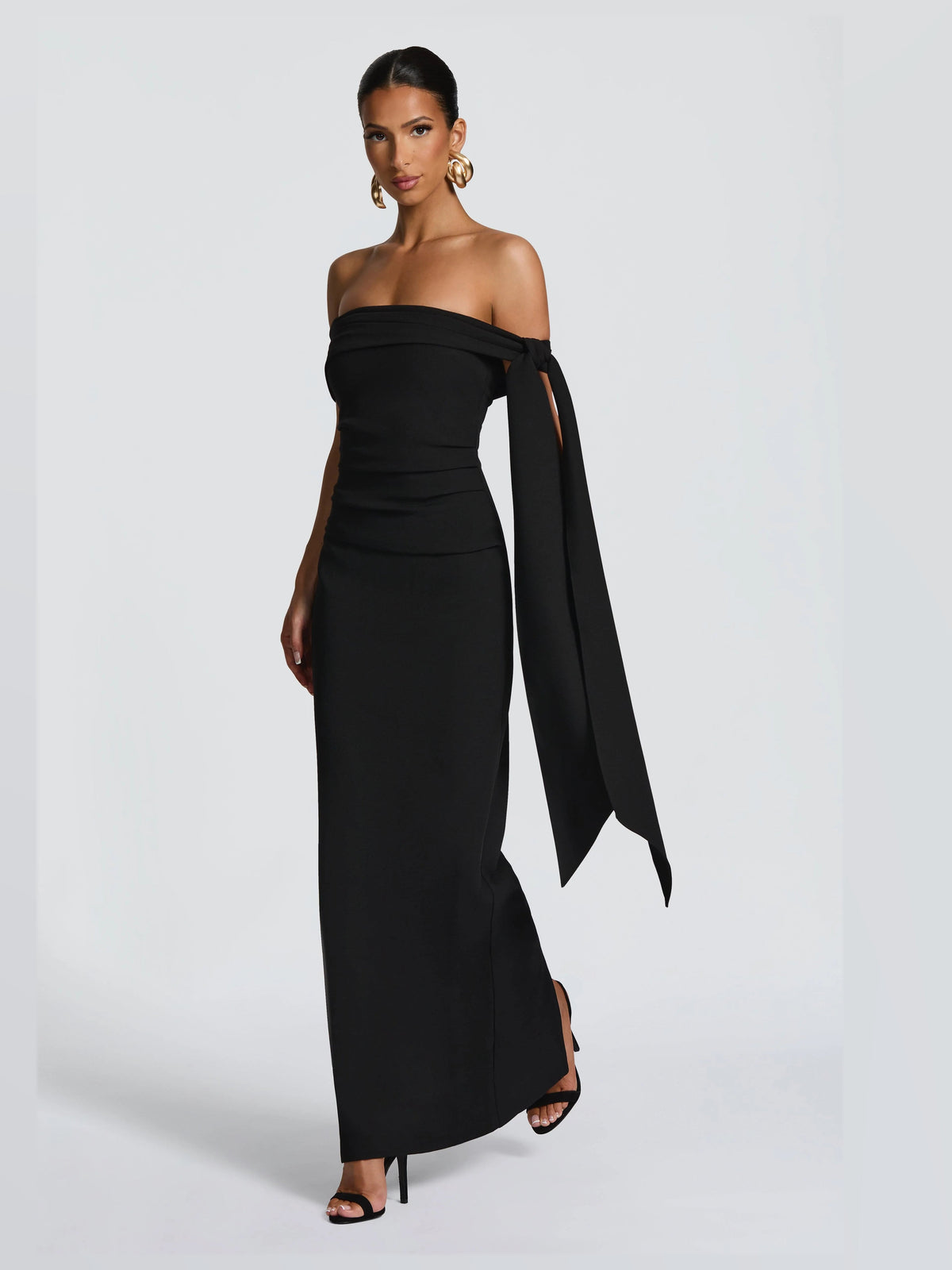 Black maxi formal dress, alternate full-length view showing the waistline