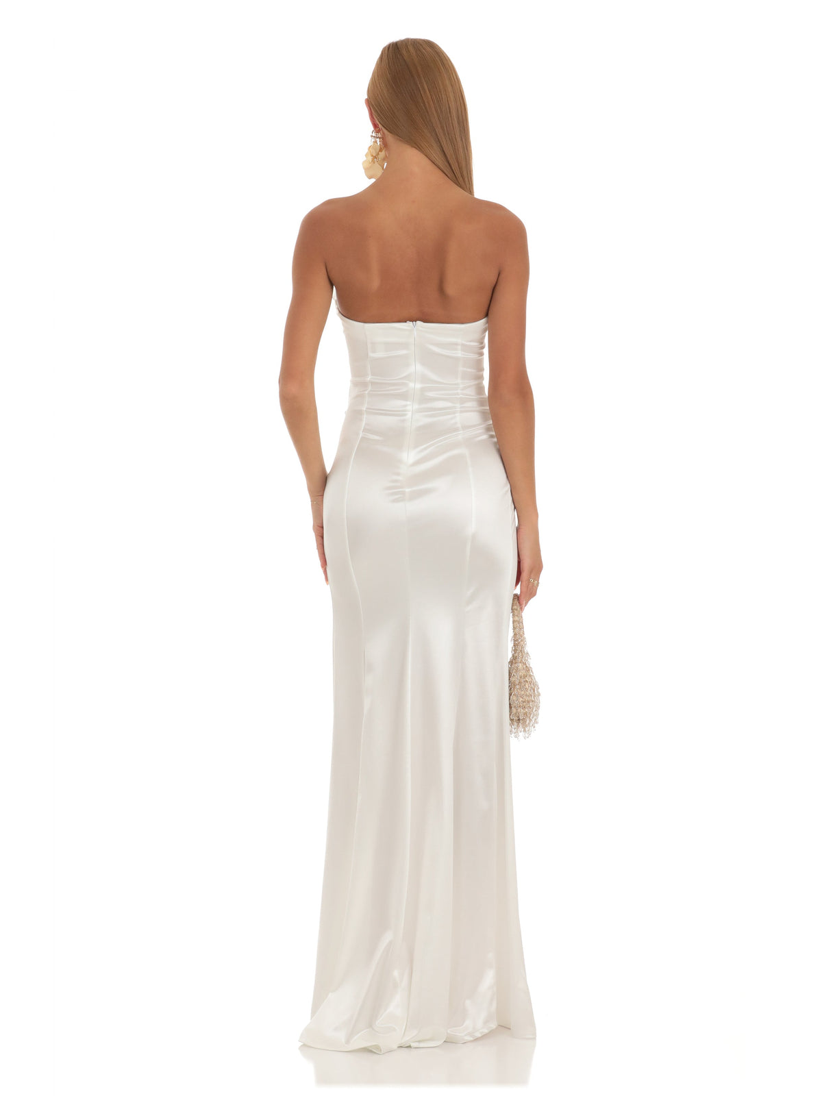 White satin strapless A-line maxi bridesmaid dress, open-back style