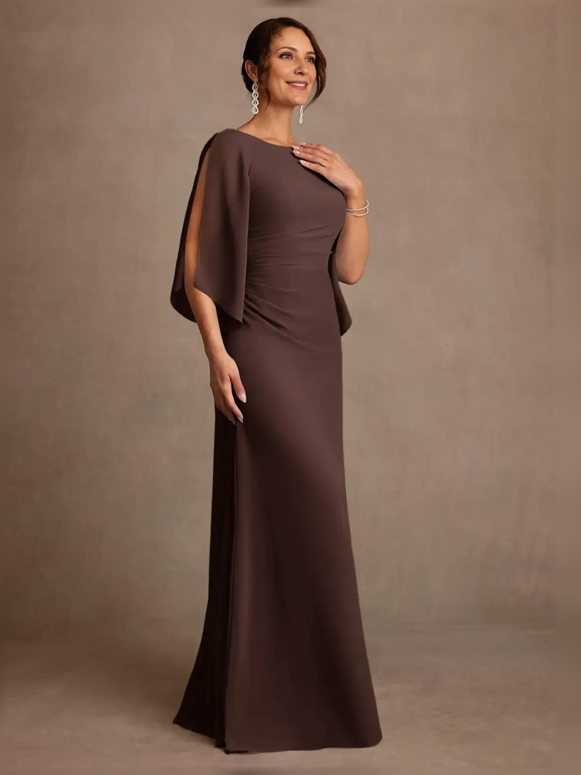 Chocolate draped boat-neck A-line gown with flowing cape sleeves, floor-length