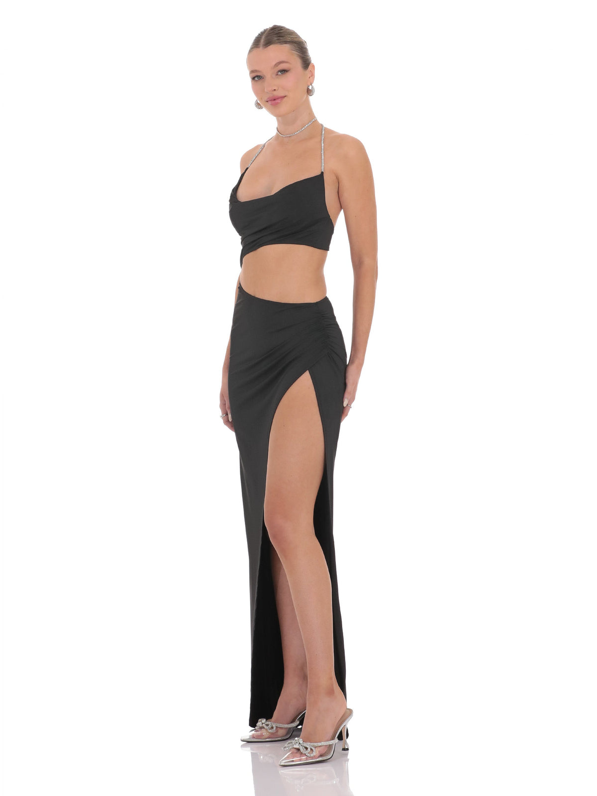 Black bridesmaid dress with structured woven fabric construction and maxi hem
